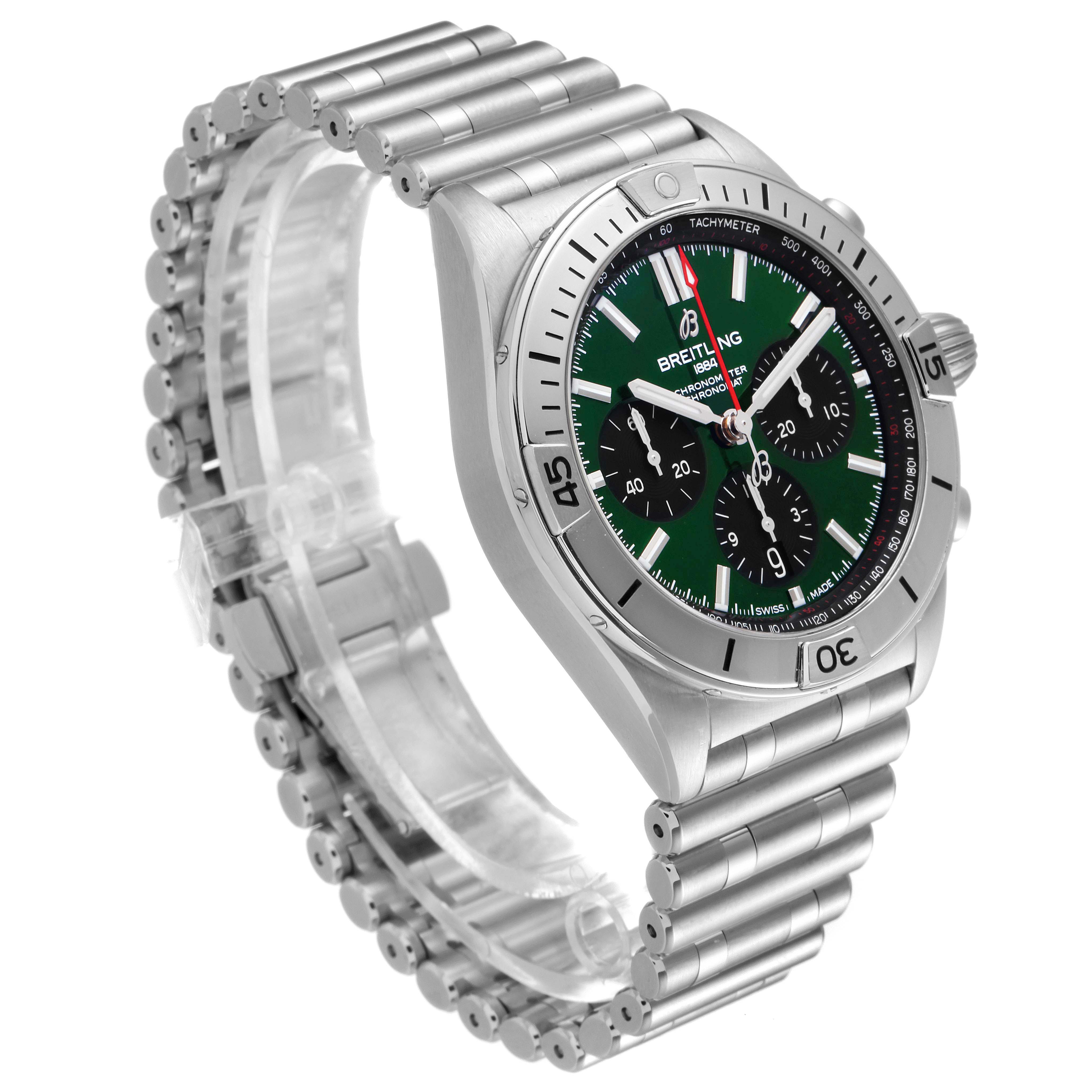 The image shows a side angle of a Breitling Chronomat AB01343A1L1A1 Men
s Stainless Steel Green Dial AB01343A1L1A1 Men
s Stainless Steel Green Dial watch, highlighting the dial, bezel, crown, pushers, and bracelet.
