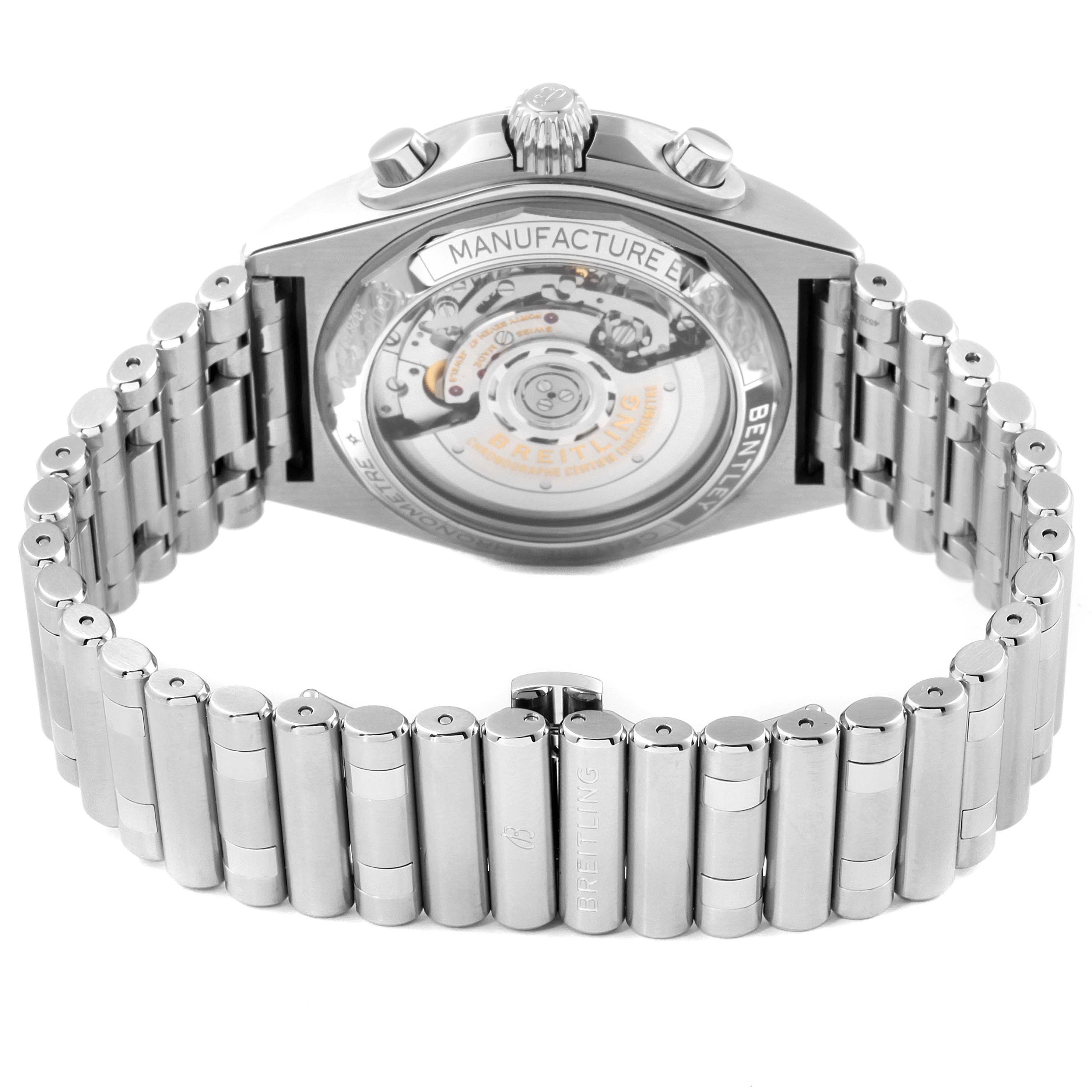 The image shows the back view of a Breitling Chronomat AB01343A1L1A1 Men
s Stainless Steel Green Dial AB01343A1L1A1 Men
s Stainless Steel Green Dial watch, highlighting the transparent case back and stainless steel bracelet.