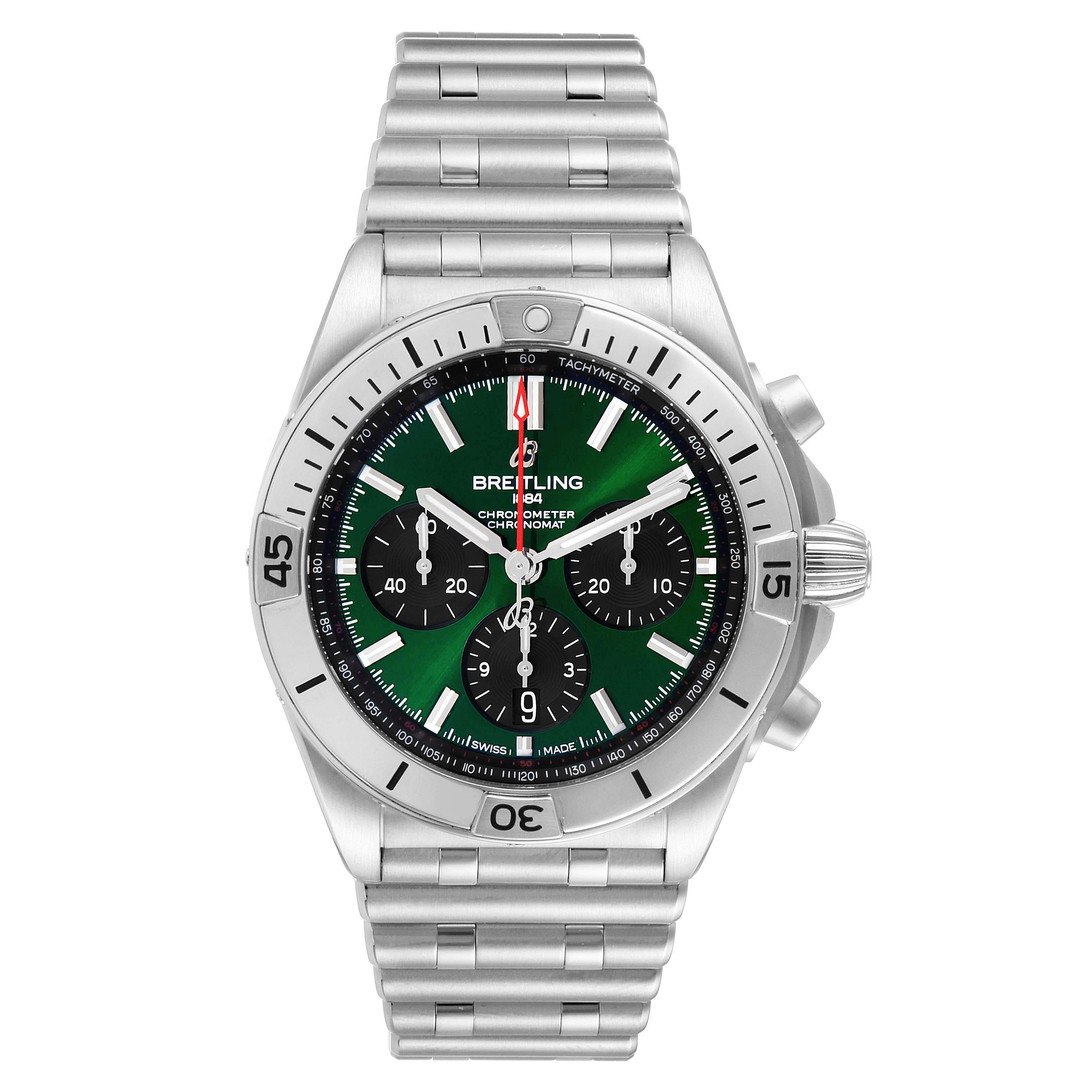 The image shows a front view of a Breitling Chronomat AB01343A1L1A1 Men
s Stainless Steel Green Dial AB01343A1L1A1 Men
s Stainless Steel Green Dial watch, displaying its dial, bezel, crown, pushers, and metal bracelet.