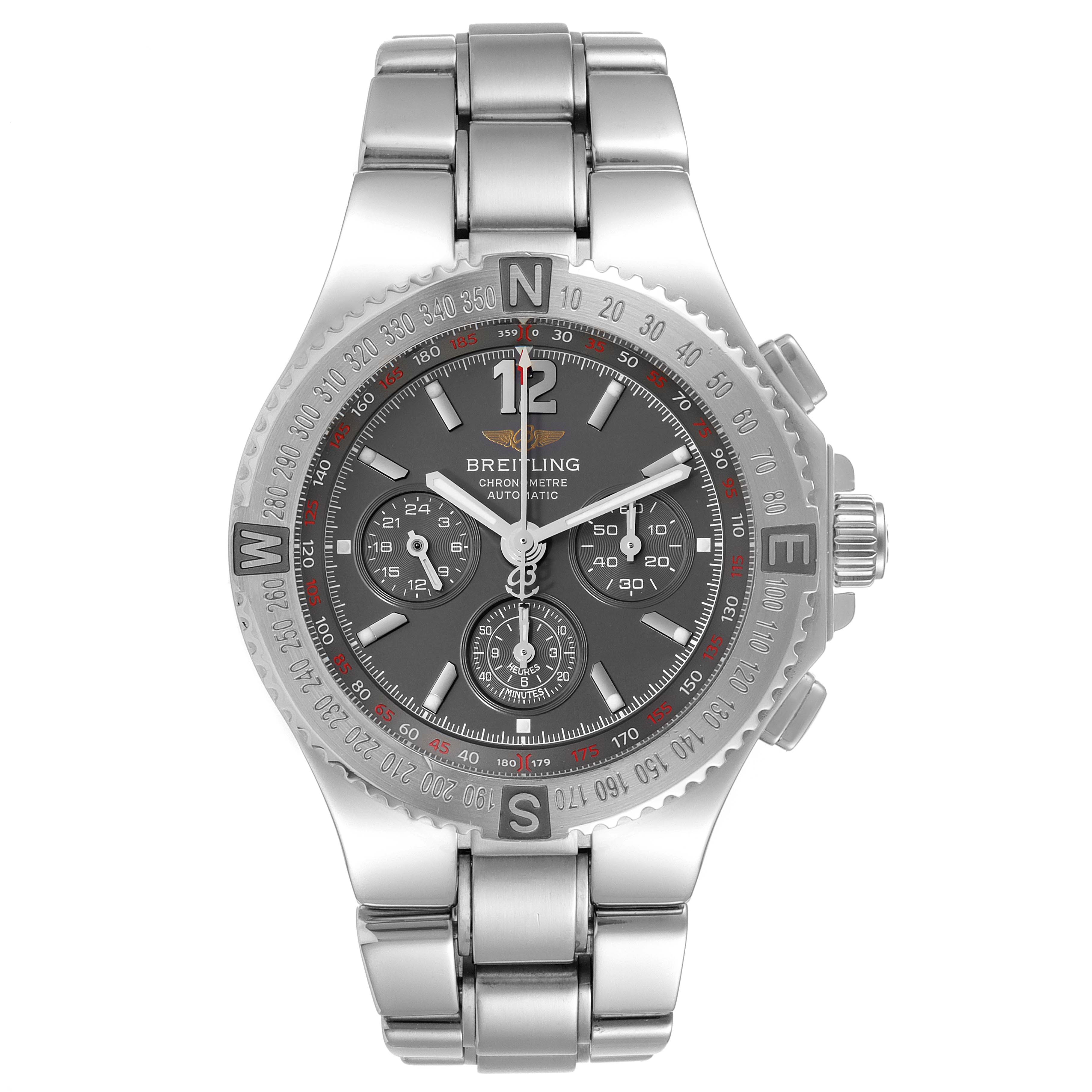 The Breitling Professional Series A39362 Men's Stainless Steel Grey Dial A39362 Men's Stainless Steel Grey Dial watch is shown from a frontal angle, displaying its face, bezel, and metal bracelet.
