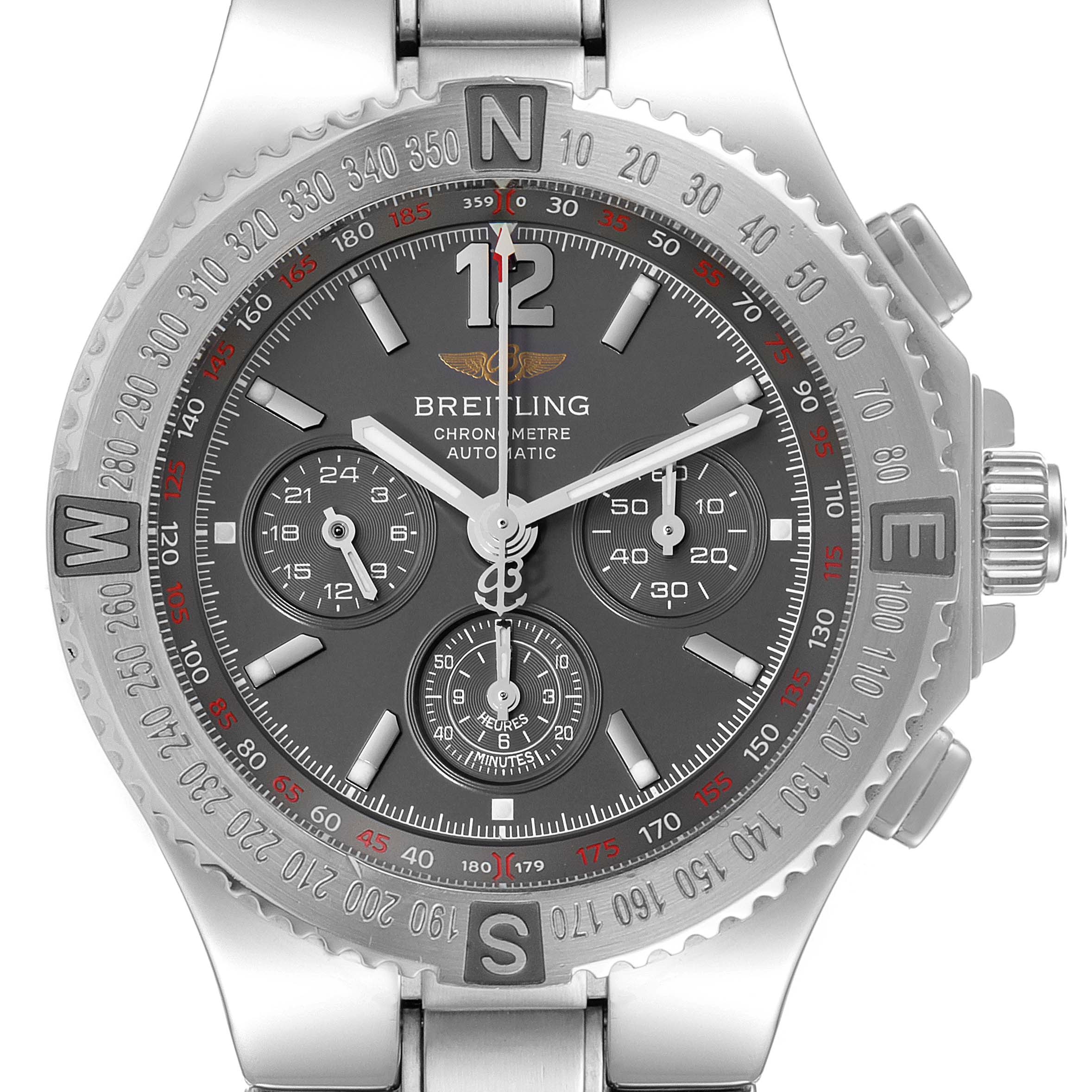 The Breitling Professional Series A39362 Men's Stainless Steel Grey Dial A39362 Men's Stainless Steel Grey Dial watch is shown from a front angle, displaying its dial, bezel, and bracelet.