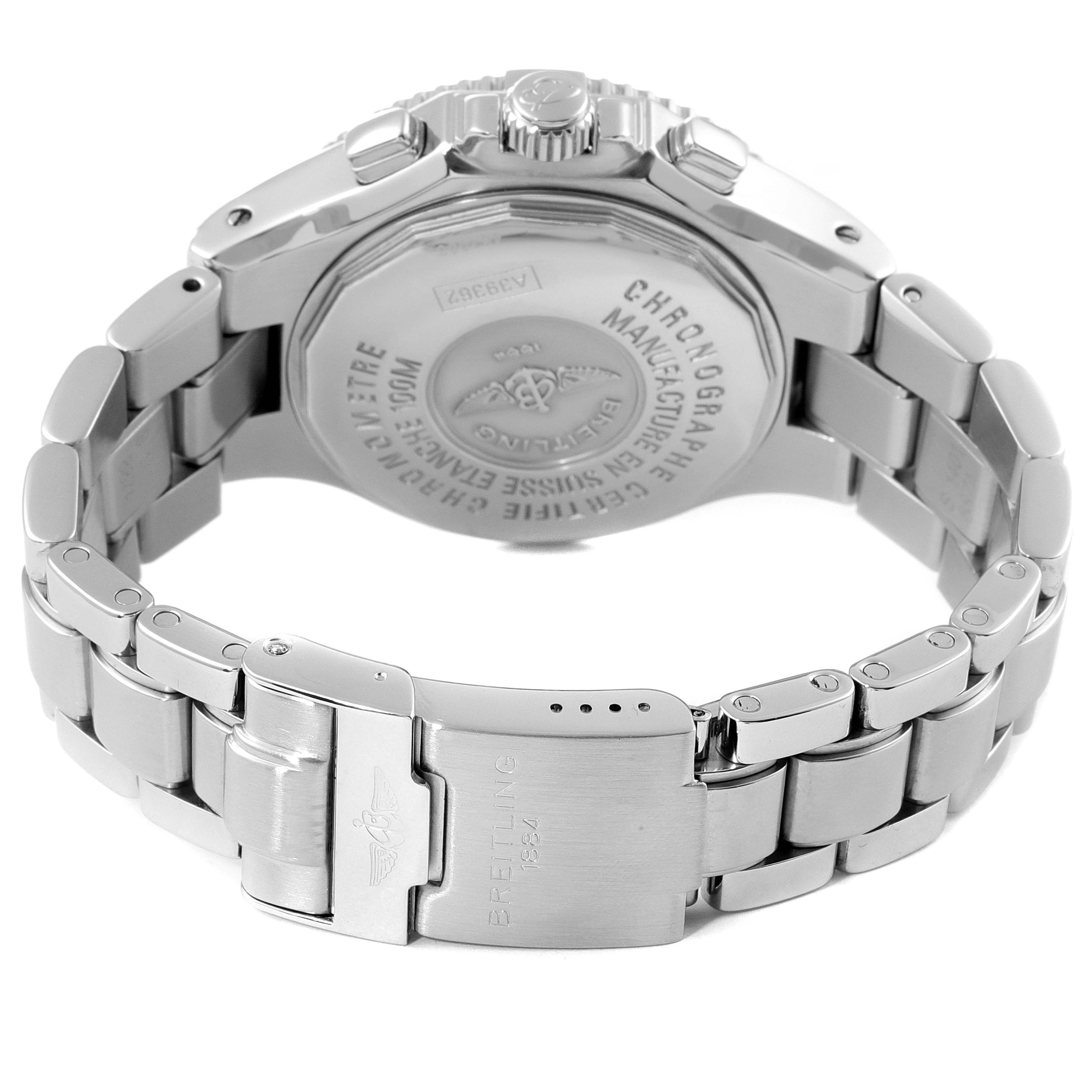 This image shows the back and clasp of a Breitling Professional Series A39362 Men's Stainless Steel Grey Dial A39362 Men's Stainless Steel Grey Dial watch, displaying the bracelet and case back engravings.