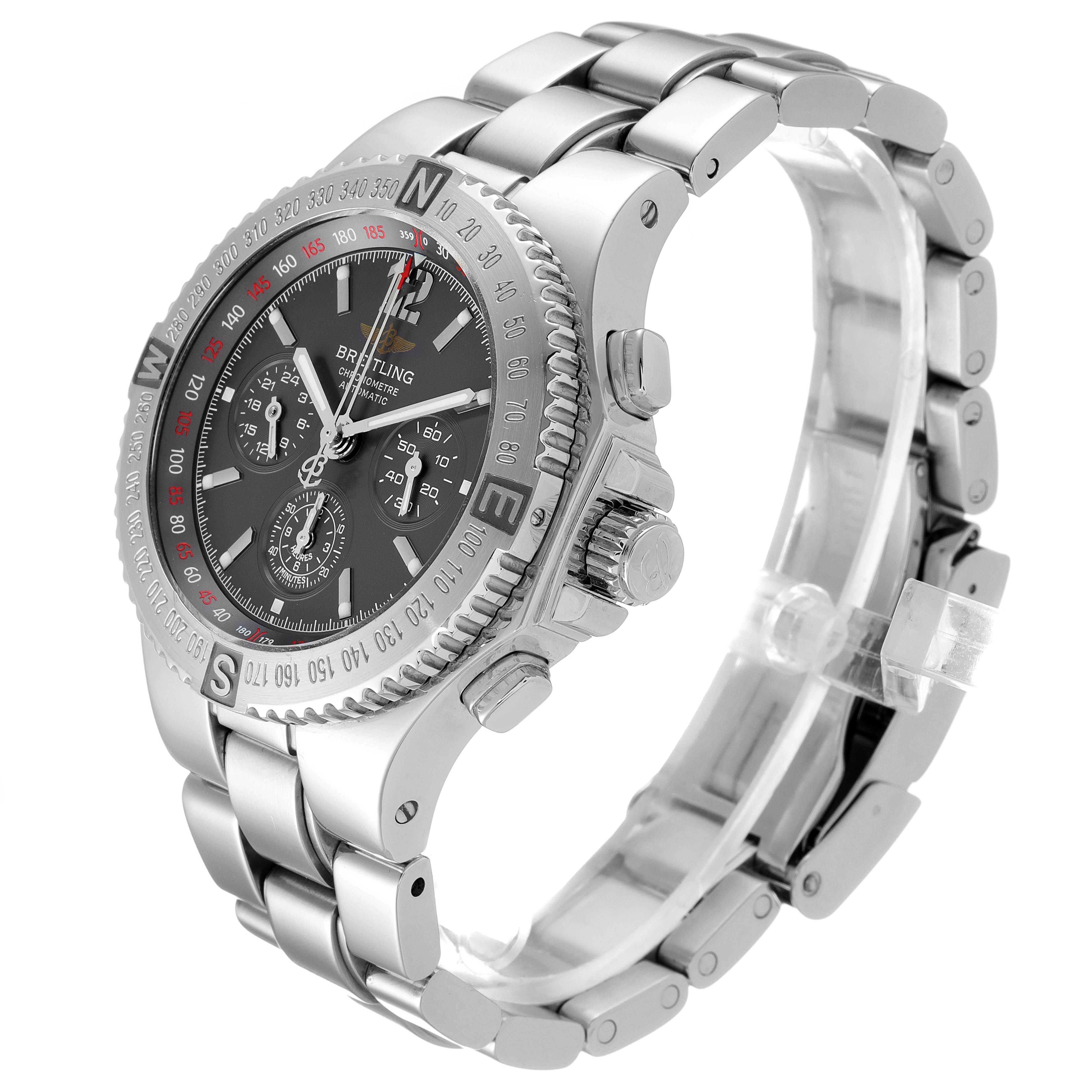 This image shows a side-angle view of the Breitling Professional Series A39362 Men's Stainless Steel Grey Dial A39362 Men's Stainless Steel Grey Dial watch, highlighting its dial, bezel, crown, and metal bracelet.