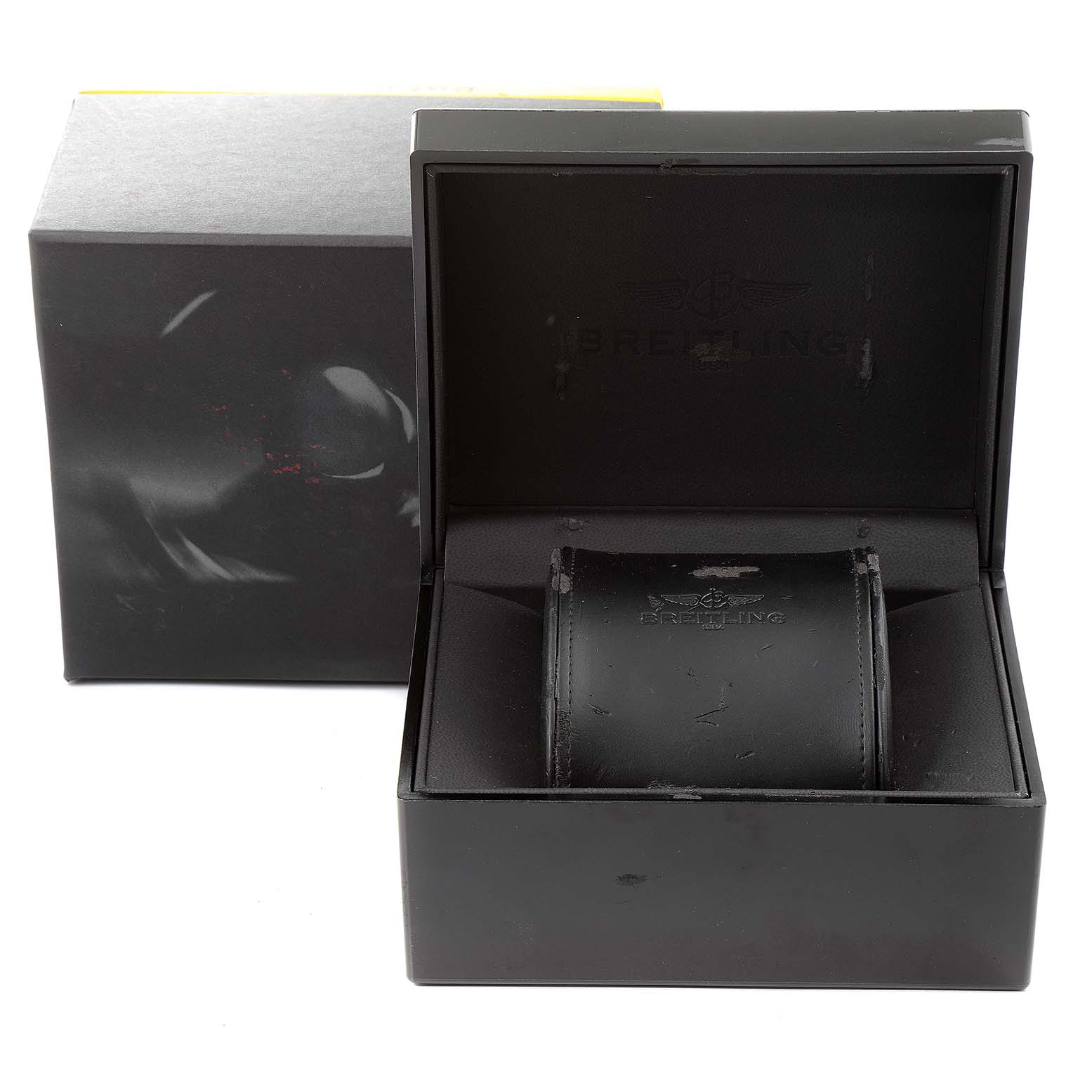 The image shows an empty Breitling Navitimer AB0120 Men
s Stainless Steel Black Dial AB0120 Men
s Stainless Steel Black Dial watch case and box from a slightly elevated front angle.