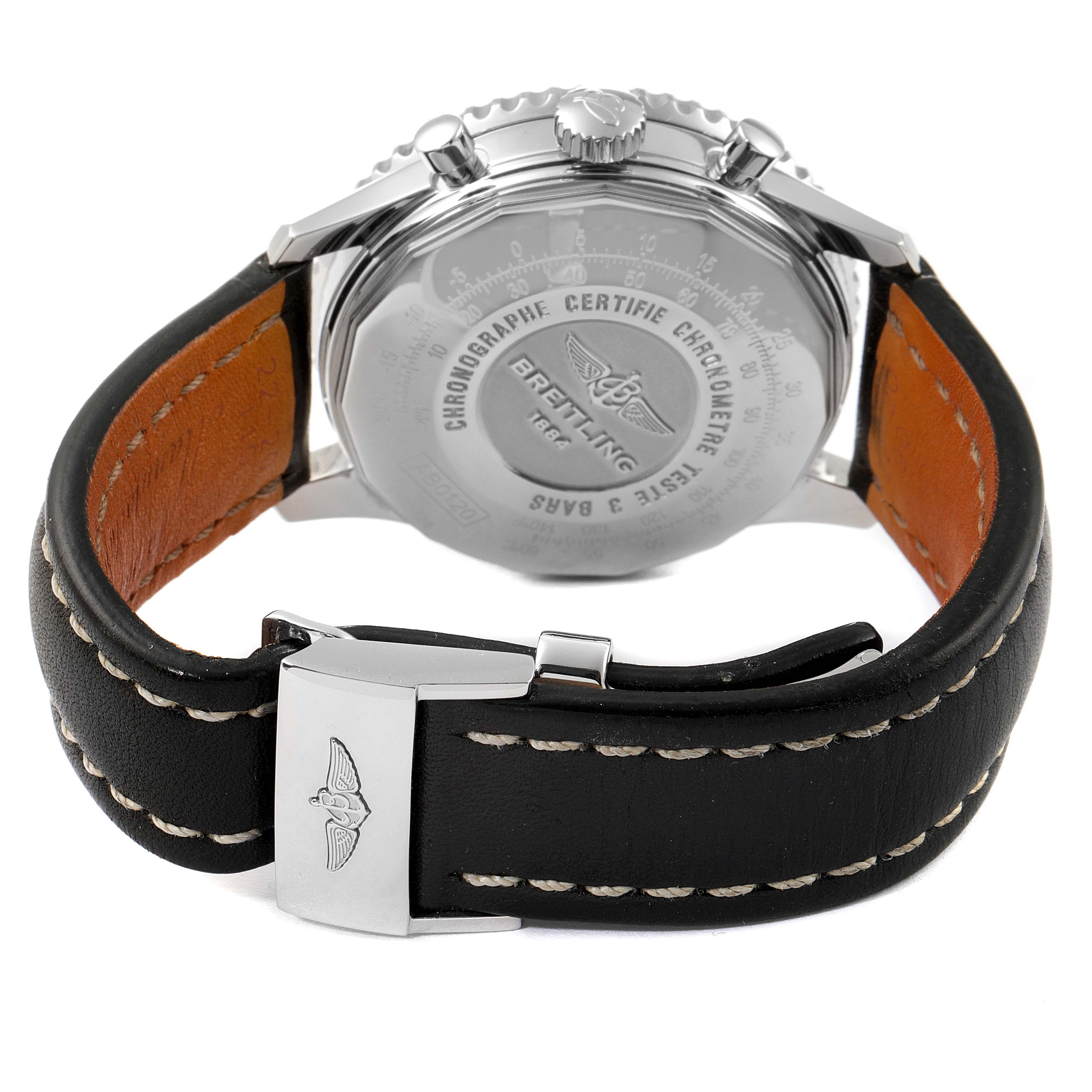 The image shows the back view of a Breitling Navitimer AB0120 Men
s Stainless Steel Black Dial AB0120 Men
s Stainless Steel Black Dial watch, focusing on the case back and leather strap.