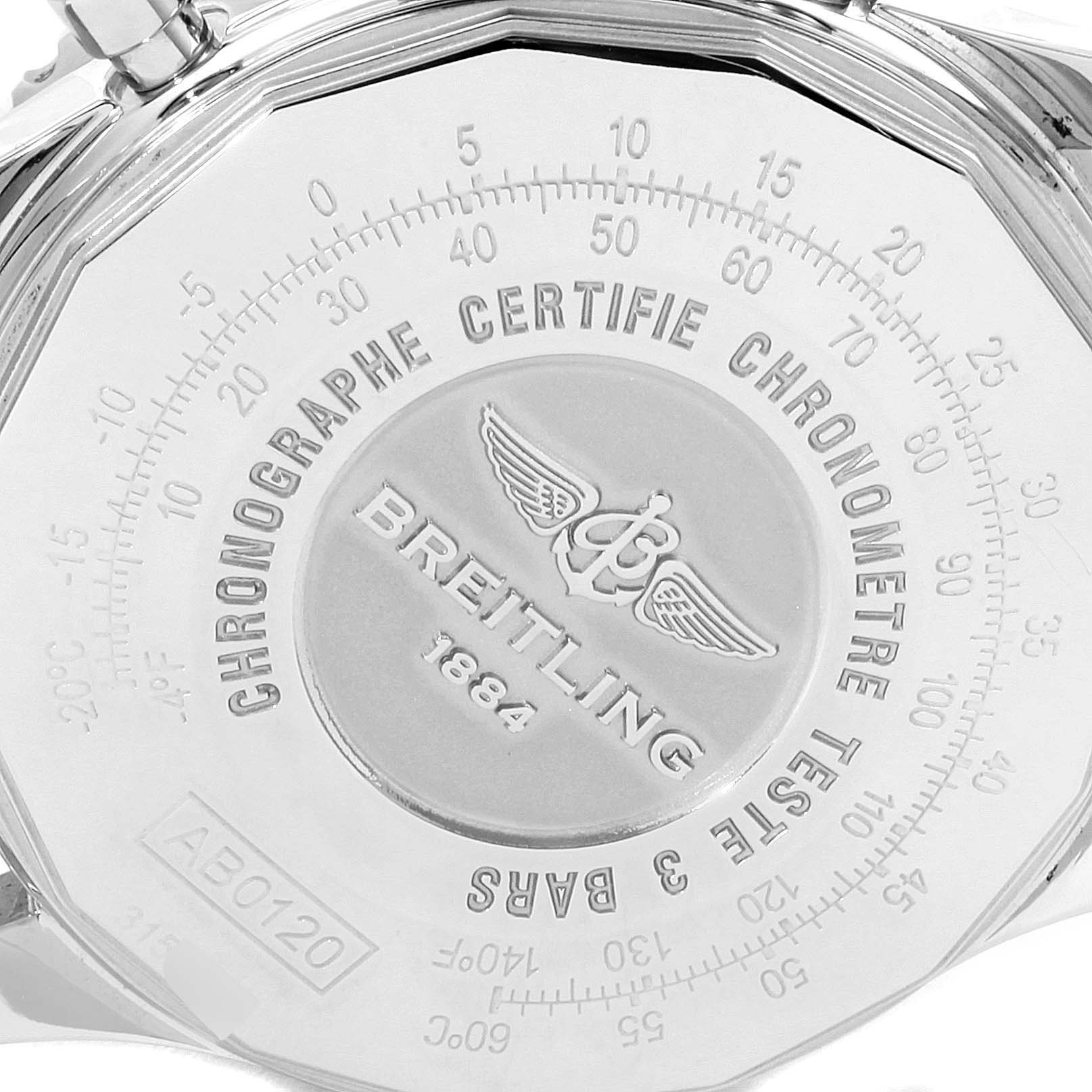 This image shows the back case of a Breitling Navitimer AB0120 Men
s Stainless Steel Black Dial AB0120 Men
s Stainless Steel Black Dial watch, featuring engraved markings and the Breitling logo.