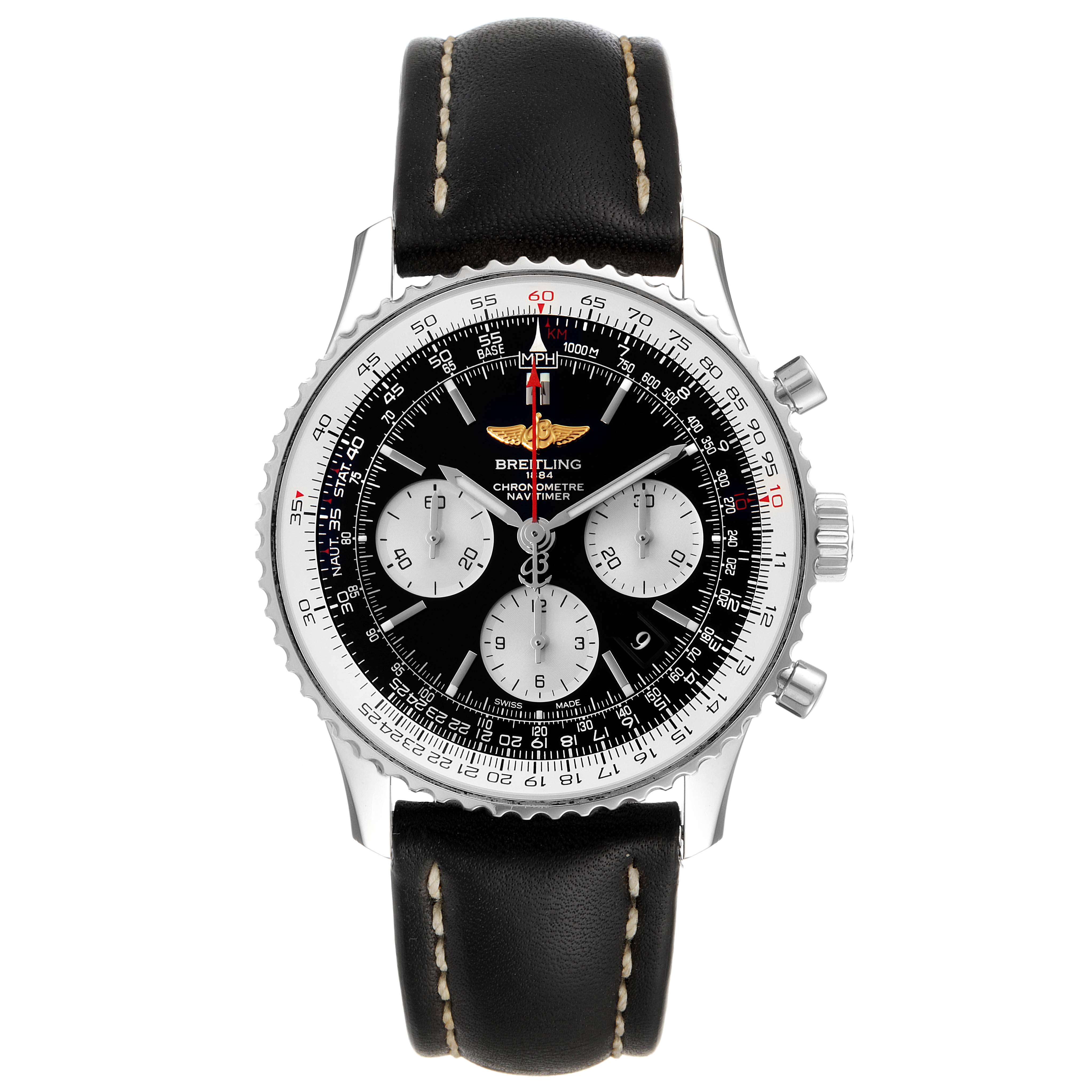This image shows a front view of the Breitling Navitimer AB0120 Men
s Stainless Steel Black Dial AB0120 Men
s Stainless Steel Black Dial watch, highlighting its black dial, subdials, bezel, and black leather strap.