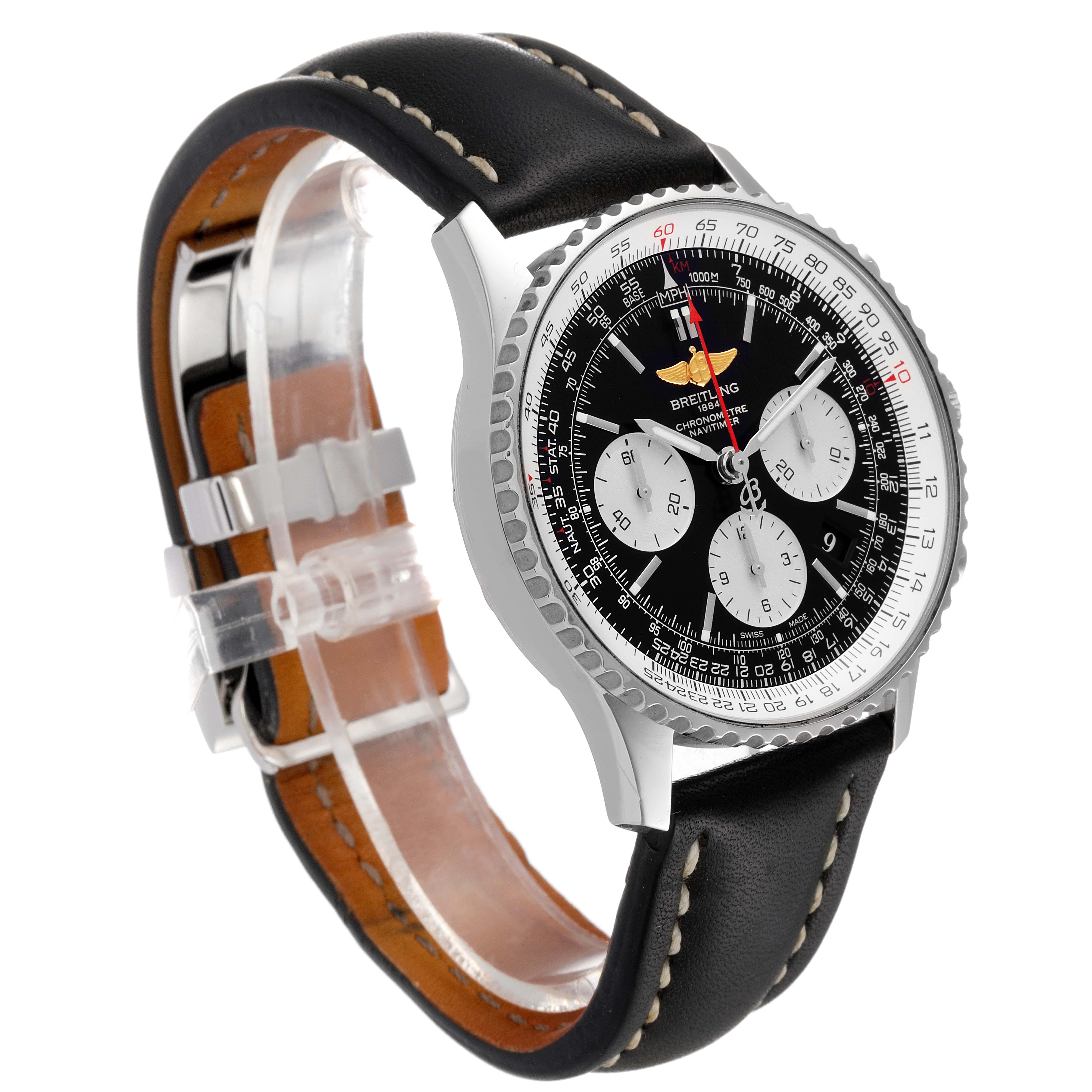 The Breitling Navitimer AB0120 Men
s Stainless Steel Black Dial AB0120 Men
s Stainless Steel Black Dial watch is shown from a 3/4 angle, detailing its black dial, bezel, and leather strap.
