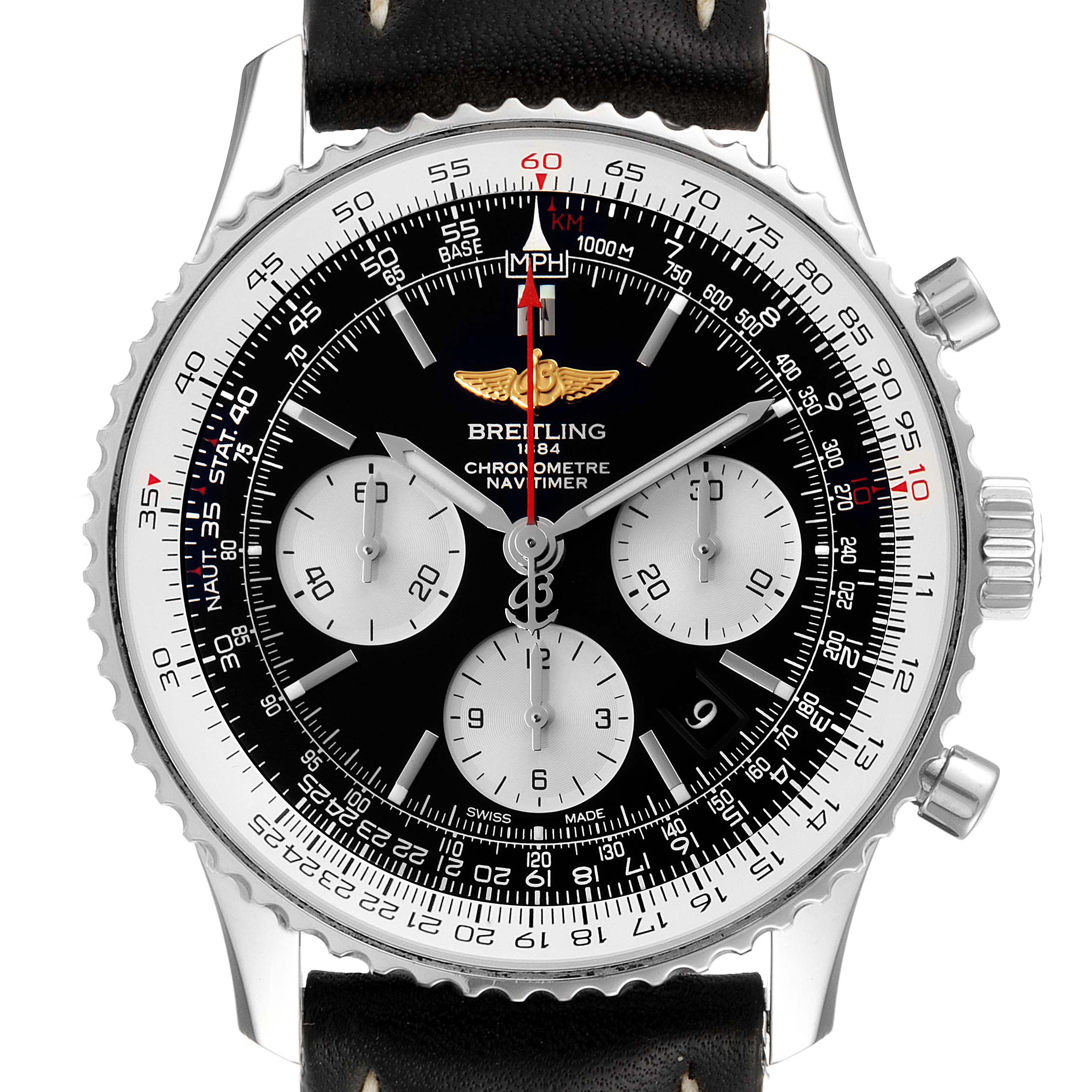 This is a front view of a Breitling Navitimer AB0120 Men
s Stainless Steel Black Dial AB0120 Men
s Stainless Steel Black Dial watch, showcasing its dial, chronograph subdials, and bezel markings.