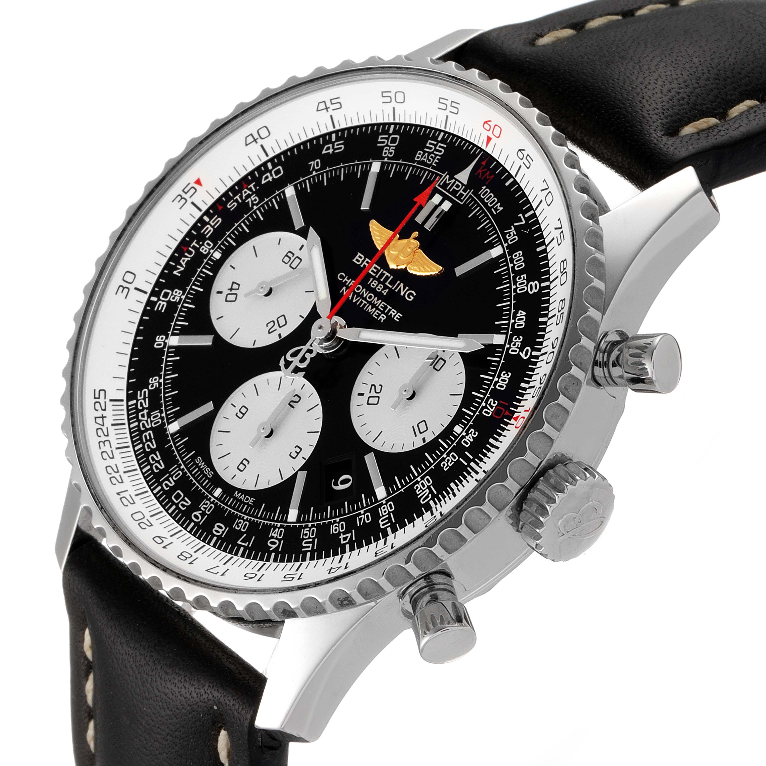 The image shows a side angle of a Breitling Navitimer AB0120 Men
s Stainless Steel Black Dial AB0120 Men
s Stainless Steel Black Dial watch, highlighting the dial, case, crown, pushers, and leather strap.