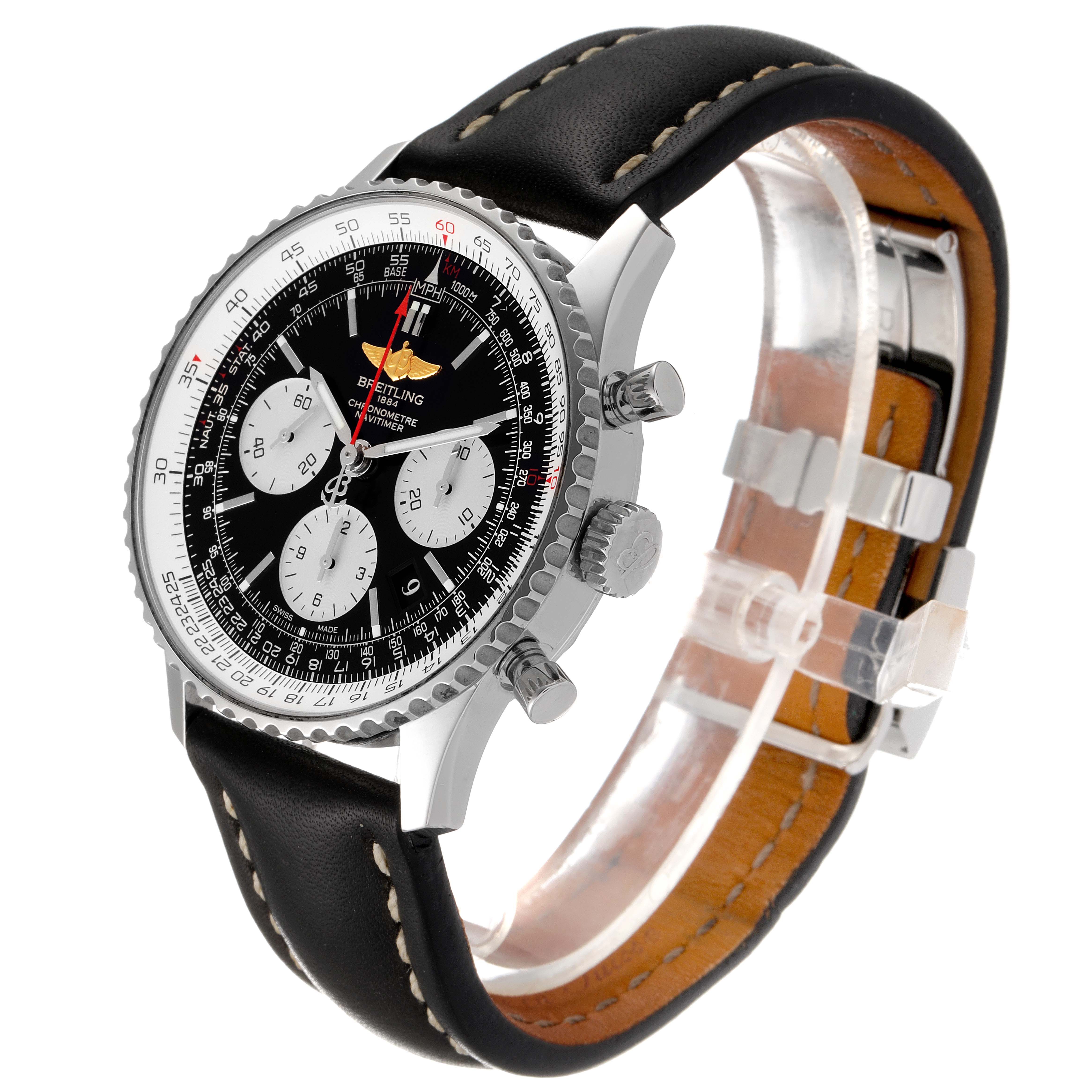 The image shows a Breitling Navitimer AB0120 Men
s Stainless Steel Black Dial AB0120 Men
s Stainless Steel Black Dial watch at a slight angle, showcasing its black dial, chronograph subdials, and black leather strap.