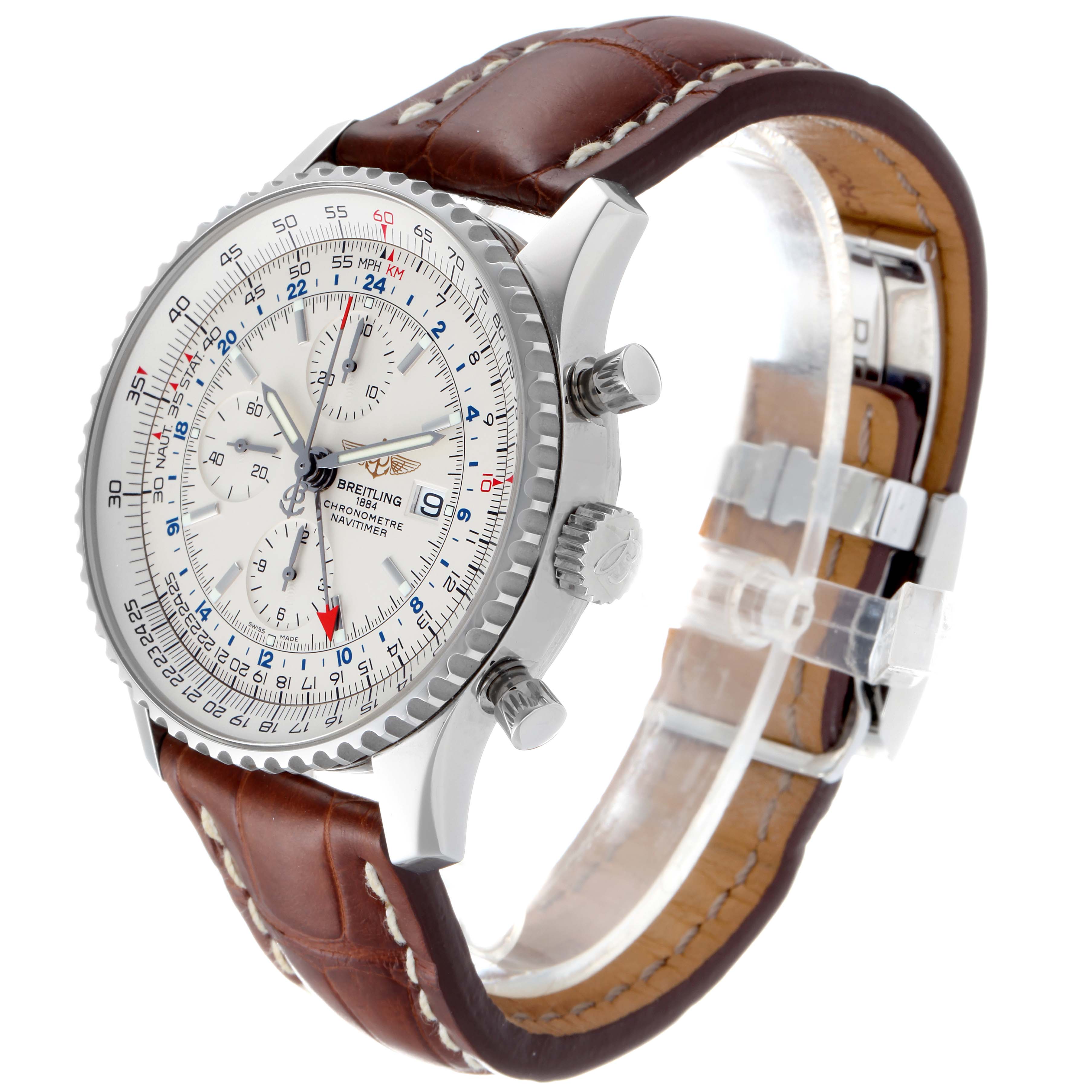 The image shows a Breitling Navitimer A24322 Men
s Stainless Steel Silver Dial A24322 Men
s Stainless Steel Silver Dial watch at a three-quarter angle, highlighting the dial, bezel, pushers, and leather strap.
