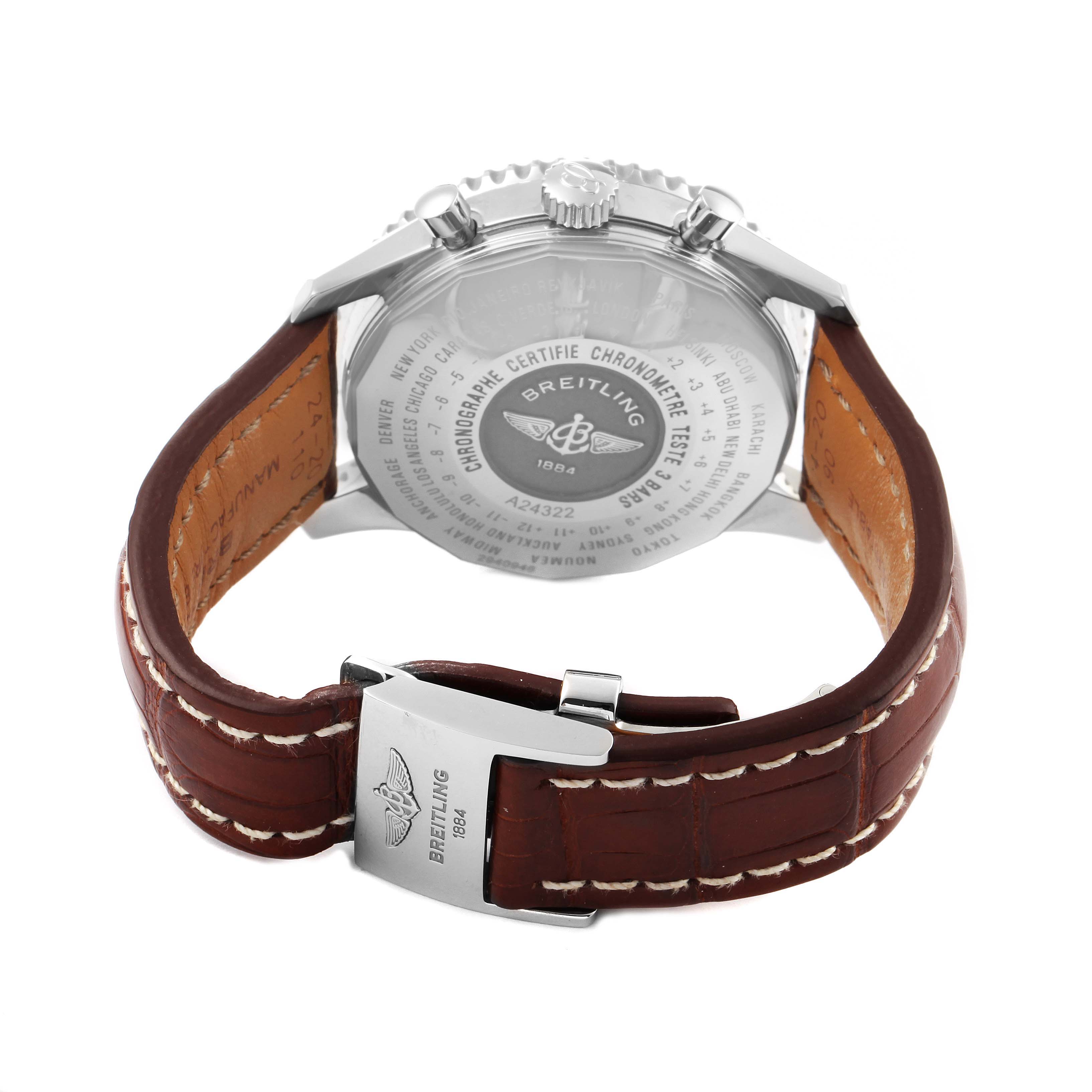 The image shows the back view of a Breitling Navitimer A24322 Men
s Stainless Steel Silver Dial A24322 Men
s Stainless Steel Silver Dial watch, highlighting its case back and leather strap with clasp.