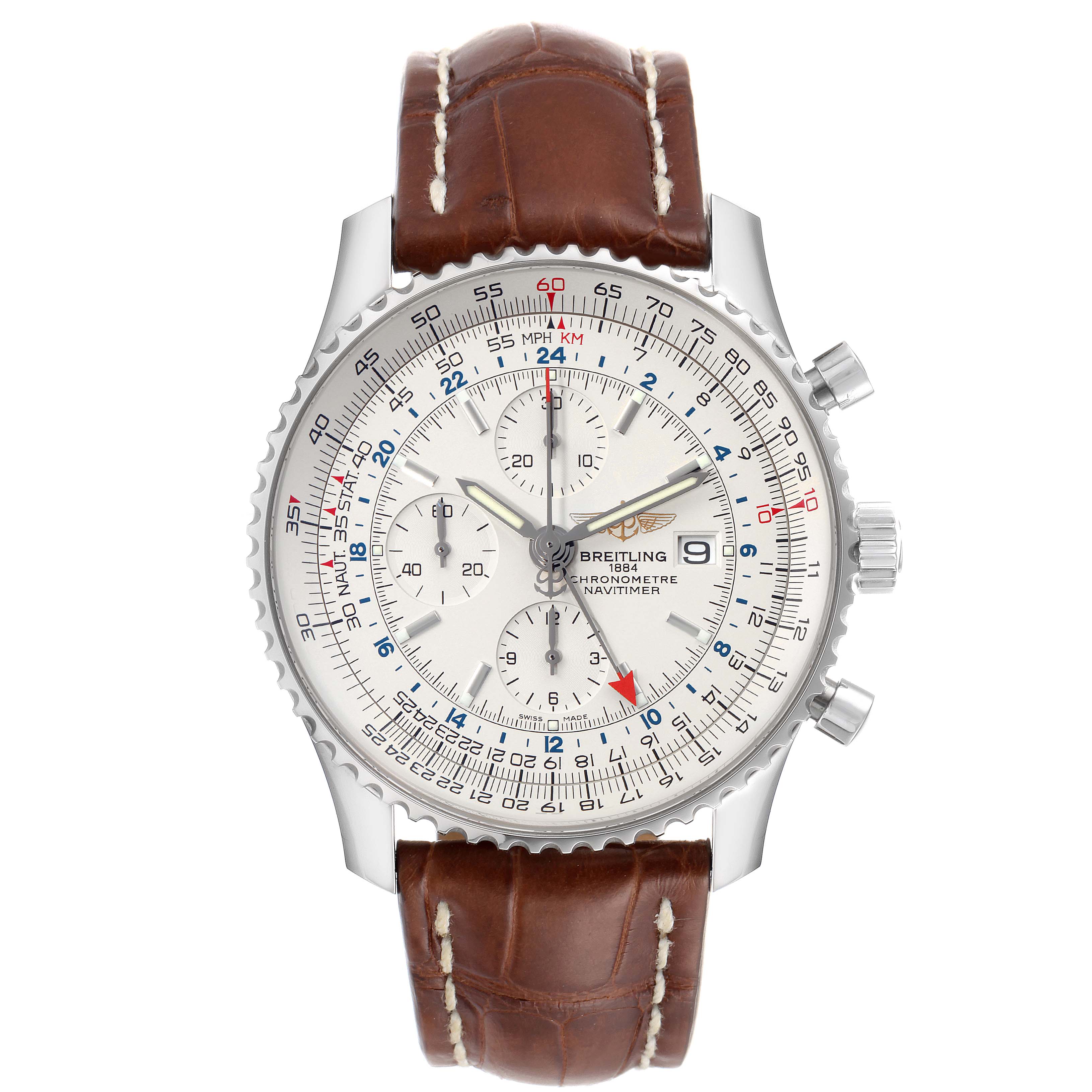 The Breitling Navitimer A24322 Men
s Stainless Steel Silver Dial A24322 Men
s Stainless Steel Silver Dial watch is shown in a front-facing angle, highlighting its dial, bezel, three sub-dials, and brown leather strap.
