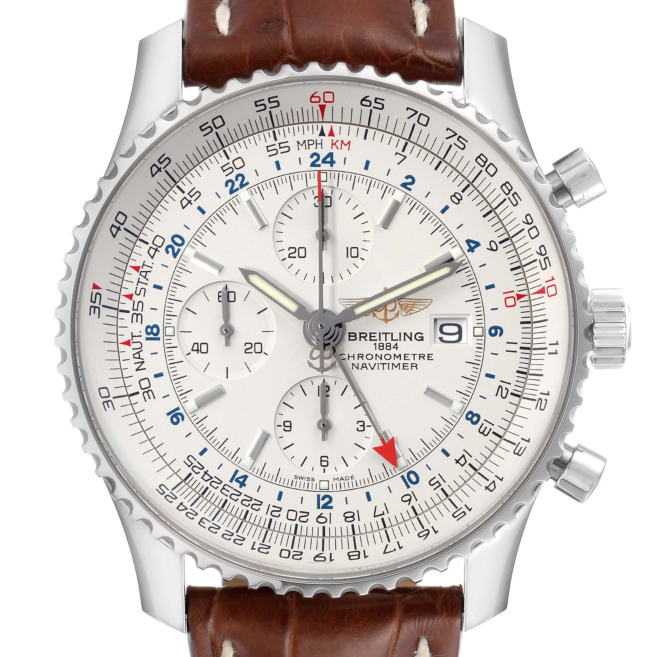 The image shows a front view of the Breitling Navitimer A24322 Men
s Stainless Steel Silver Dial A24322 Men
s Stainless Steel Silver Dial watch, featuring its face, bezel, subdials, and brown leather strap.