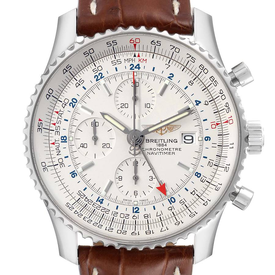 Breitling Navitimer World GMT White Dial Steel Mens Watch A24322 Box Card SwissWatchExpo