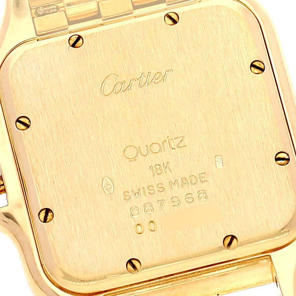 The image shows the back case of a Cartier Panthere W2501489 Men's Yellow Gold Silver Dial W2501489 Men's Yellow Gold Silver Dial watch at a close-up angle, highlighting brand engravings and specifications.