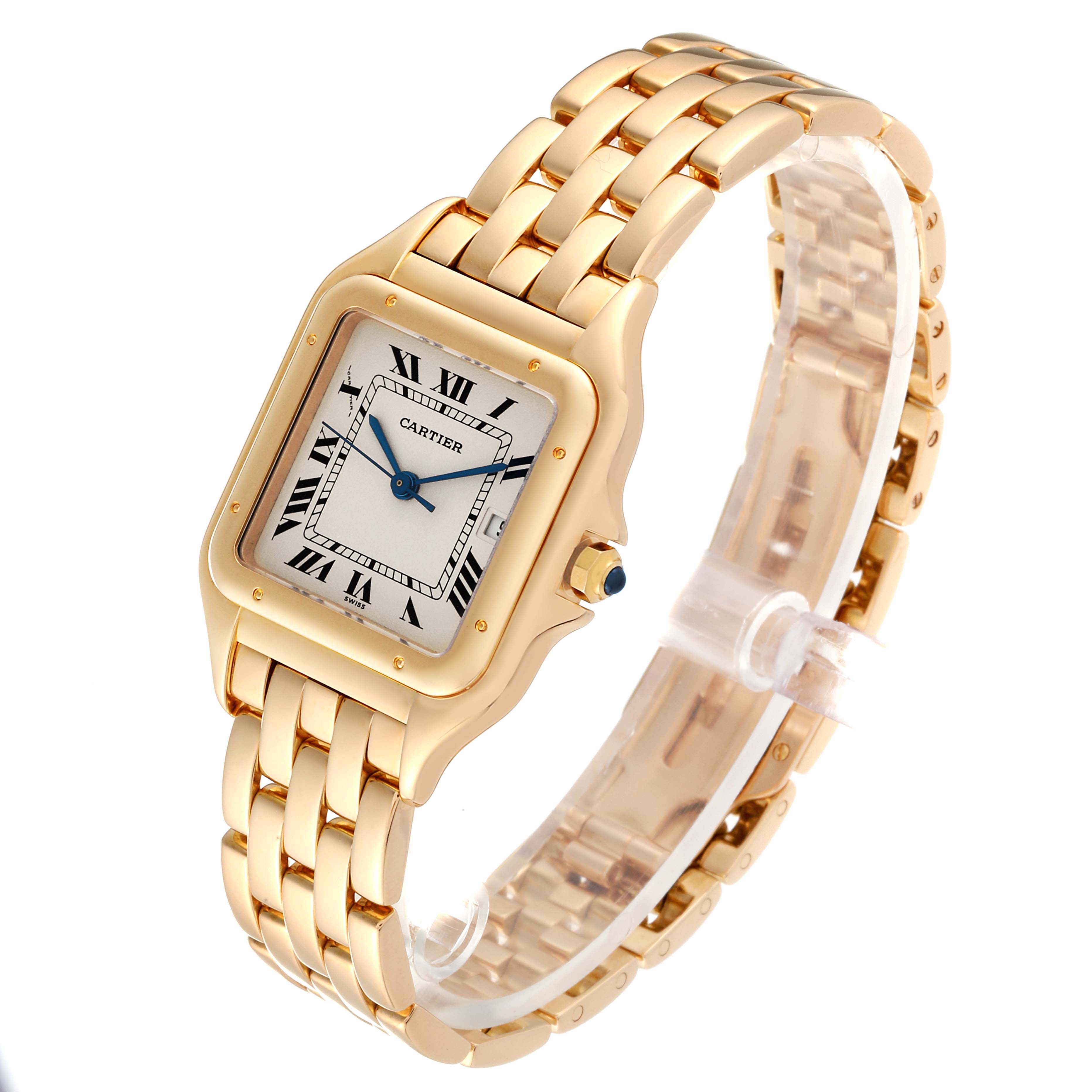 The image shows a Panthere model by Cartier watch at a slight angle, displaying its square face, blue hands, and gold metal bracelet.