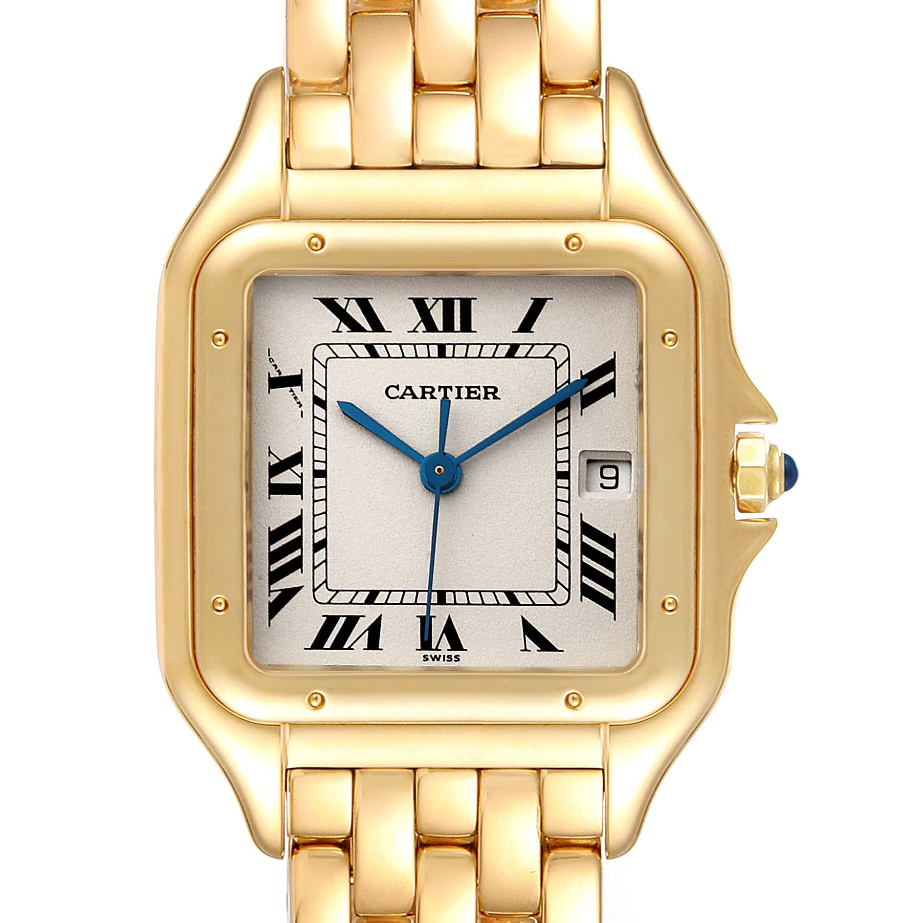 The image shows a close-up front view of a Cartier Panthere W2501489 Men's Yellow Gold Silver Dial W2501489 Men's Yellow Gold Silver Dial model watch, highlighting the dial and part of the gold bracelet.