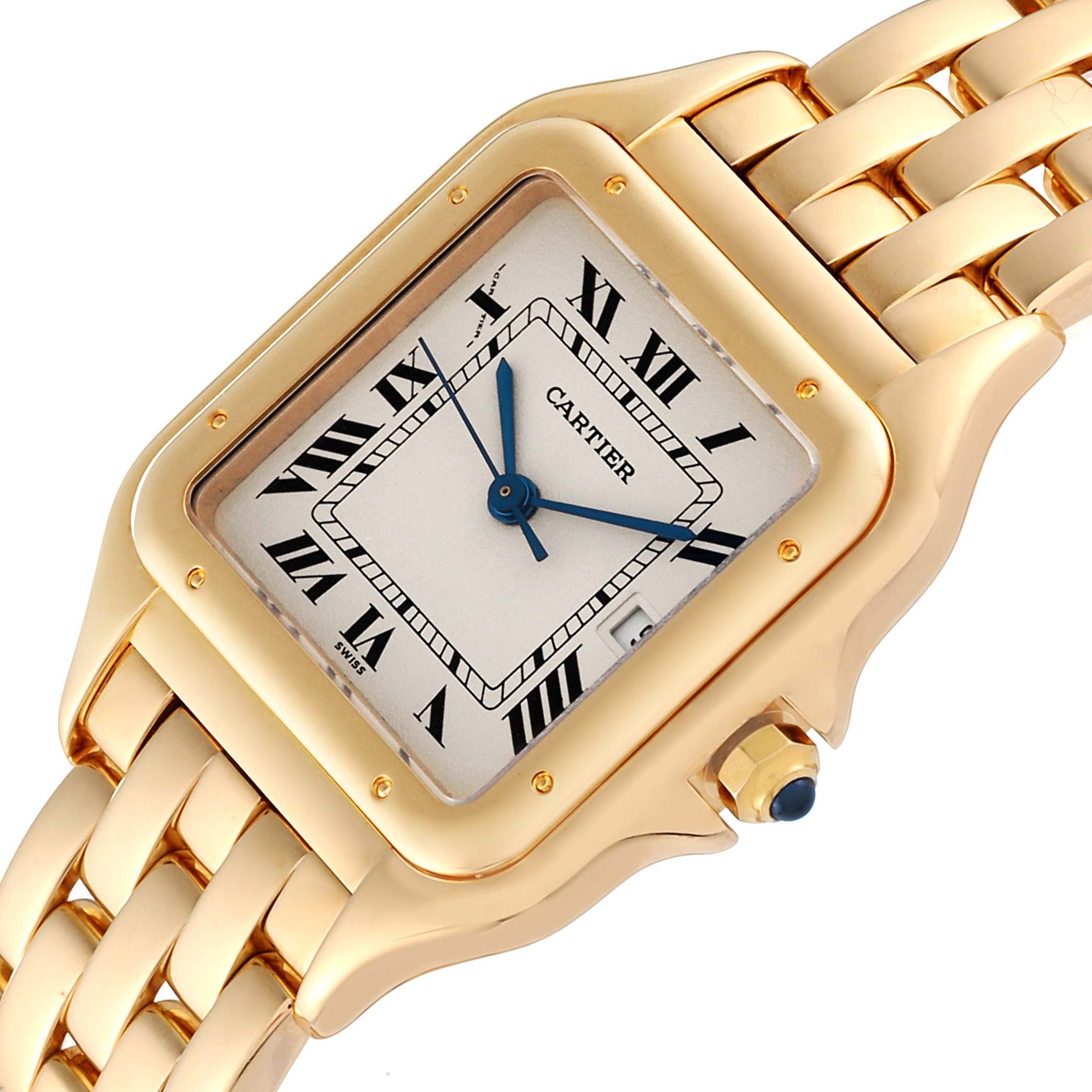 The image shows a close-up angled view of the Cartier Panthere W2501489 Men's Yellow Gold Silver Dial W2501489 Men's Yellow Gold Silver Dial watch, highlighting the face, bezel, strap, and crown.