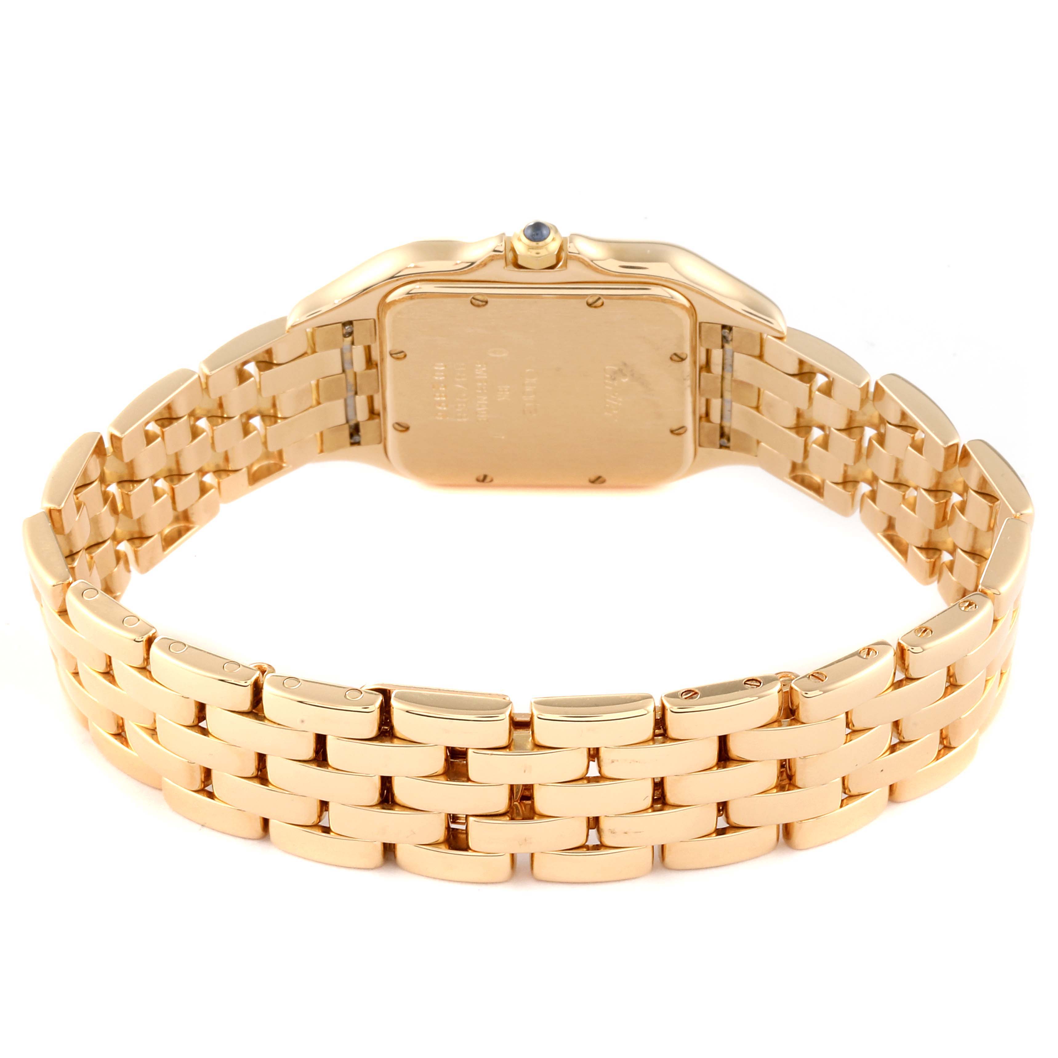 This image shows the back and bracelet of the Panthere model by Cartier, displayed at a rear angle.