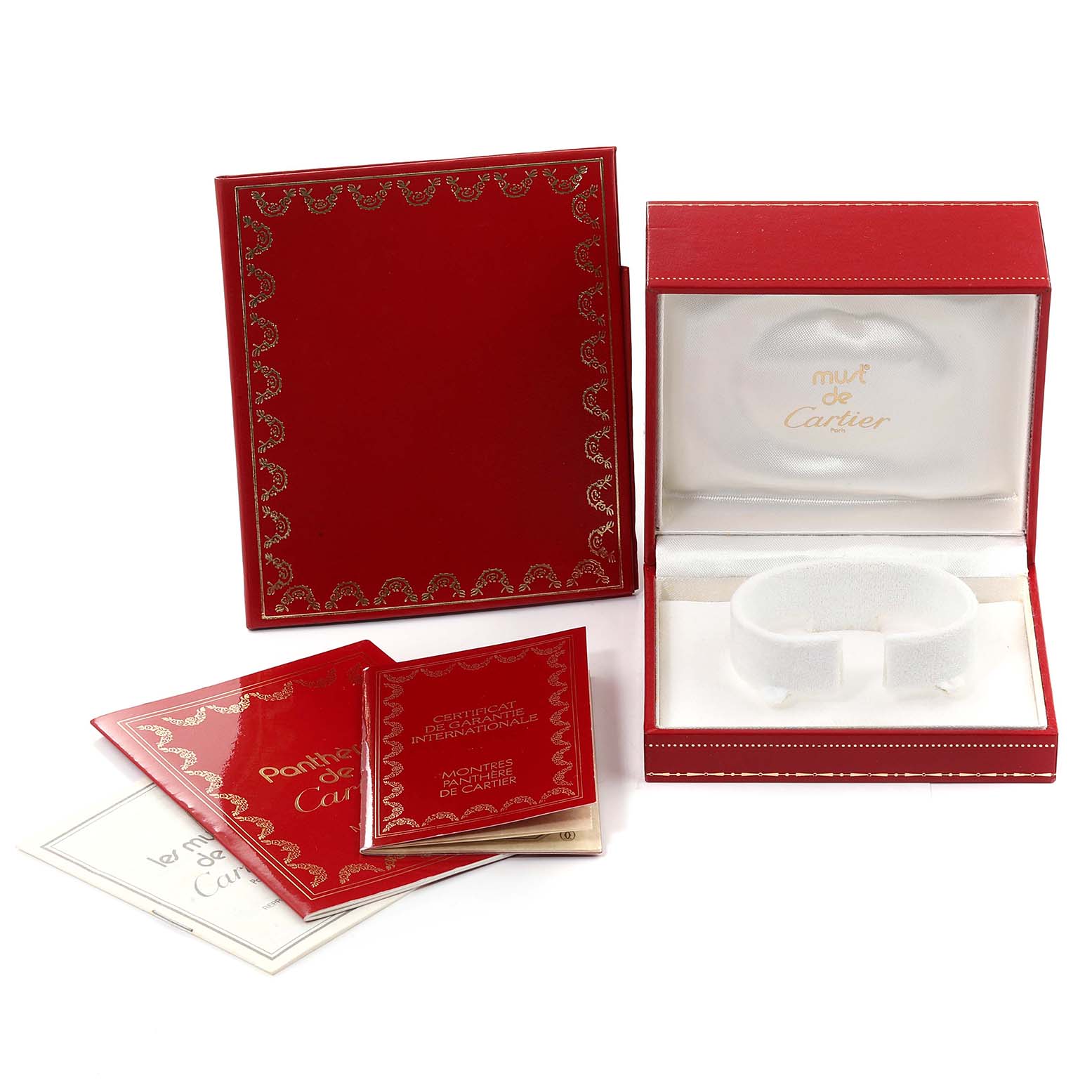 The image shows the packaging, watch box, and documentation for a Panthere model by Cartier.