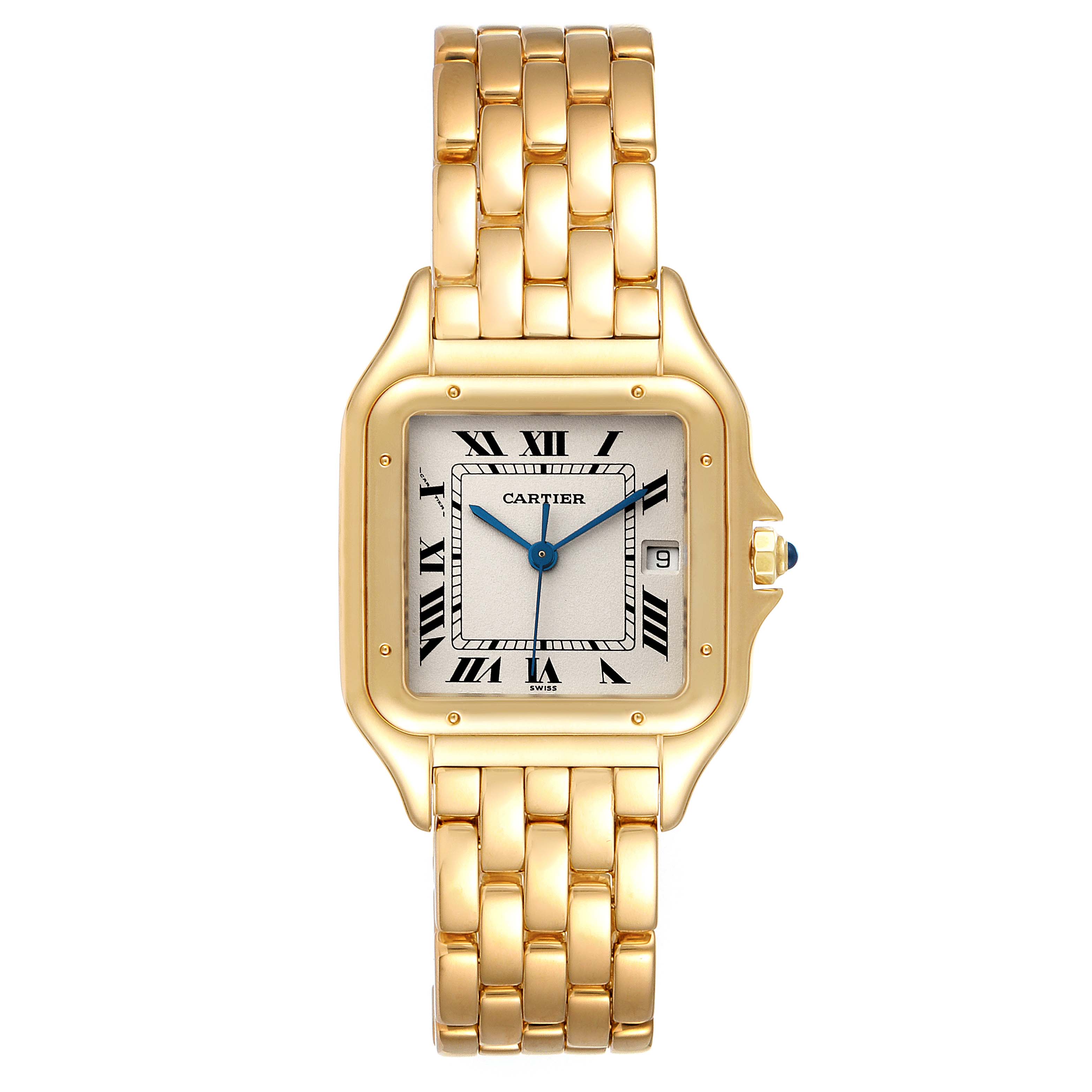 The image shows a front view of a Cartier Panthere W2501489 Men's Yellow Gold Silver Dial W2501489 Men's Yellow Gold Silver Dial watch, displaying its gold bracelet, square face, Roman numerals, and blue hands.