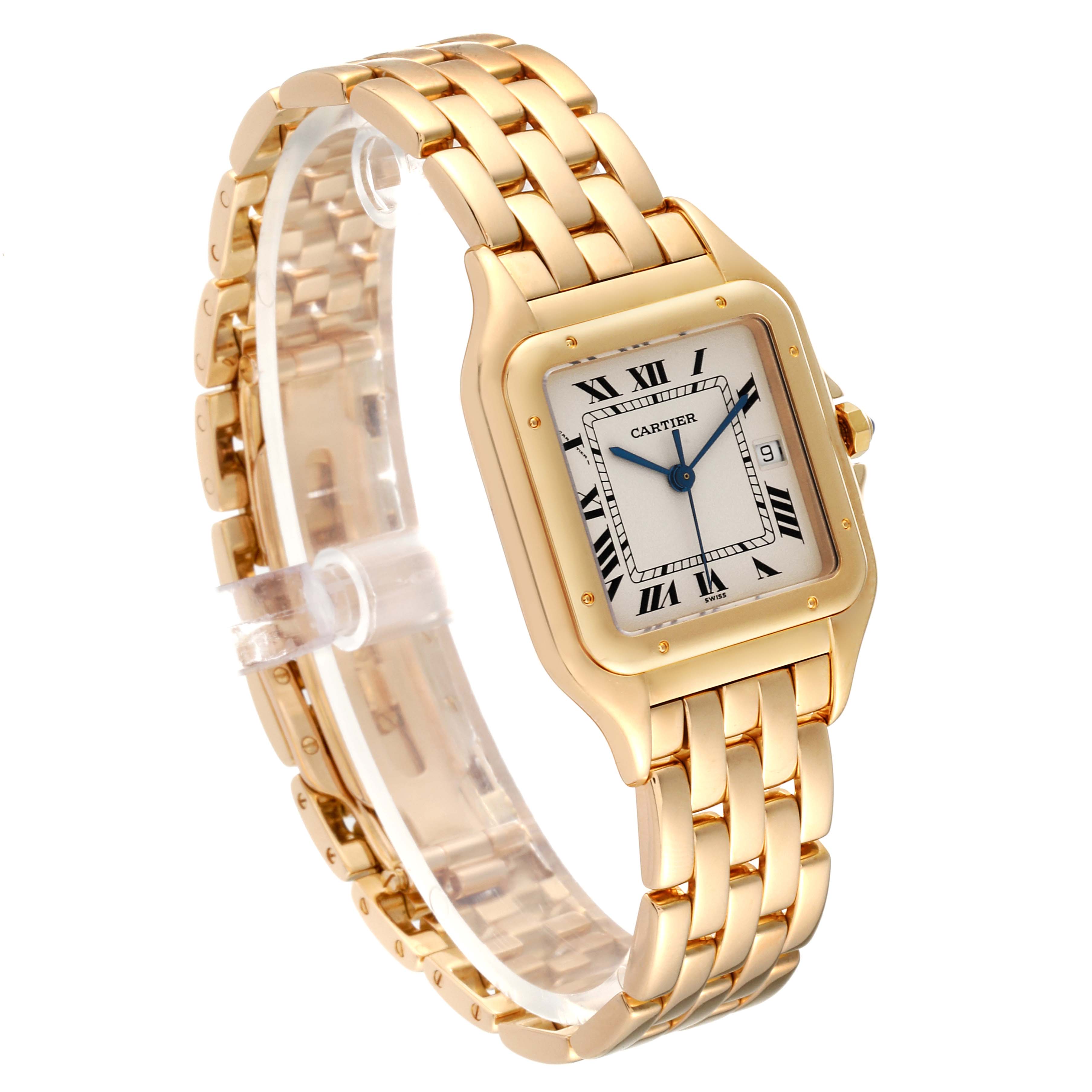 The image shows a Panthere de Cartier watch set at an angle displaying its gold bracelet and square face with Roman numerals.