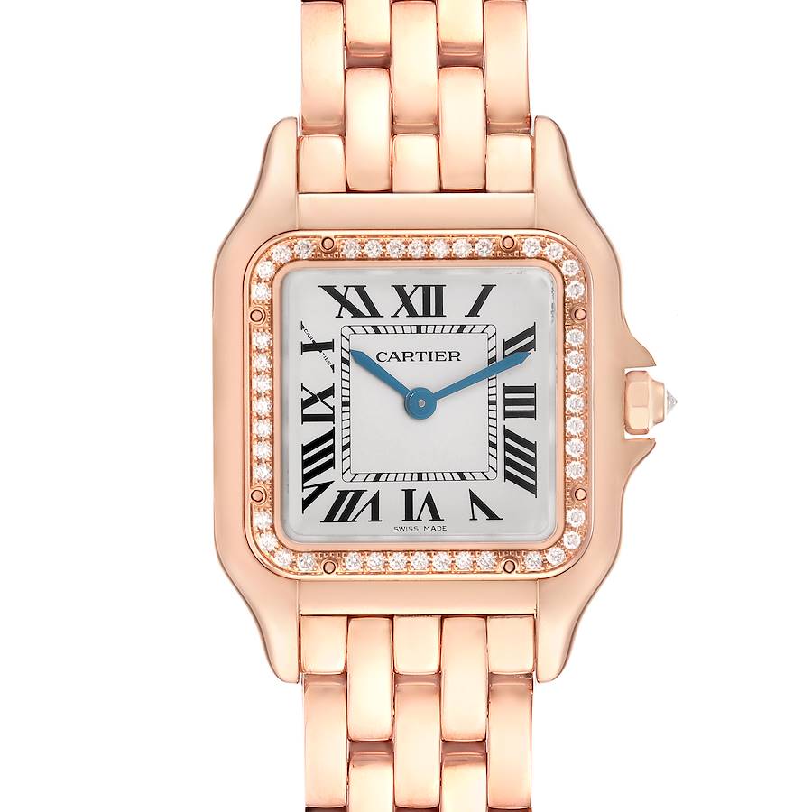 The Cartier Panthere watch is shown from a top view, displaying its face, bezel, and bracelet.
