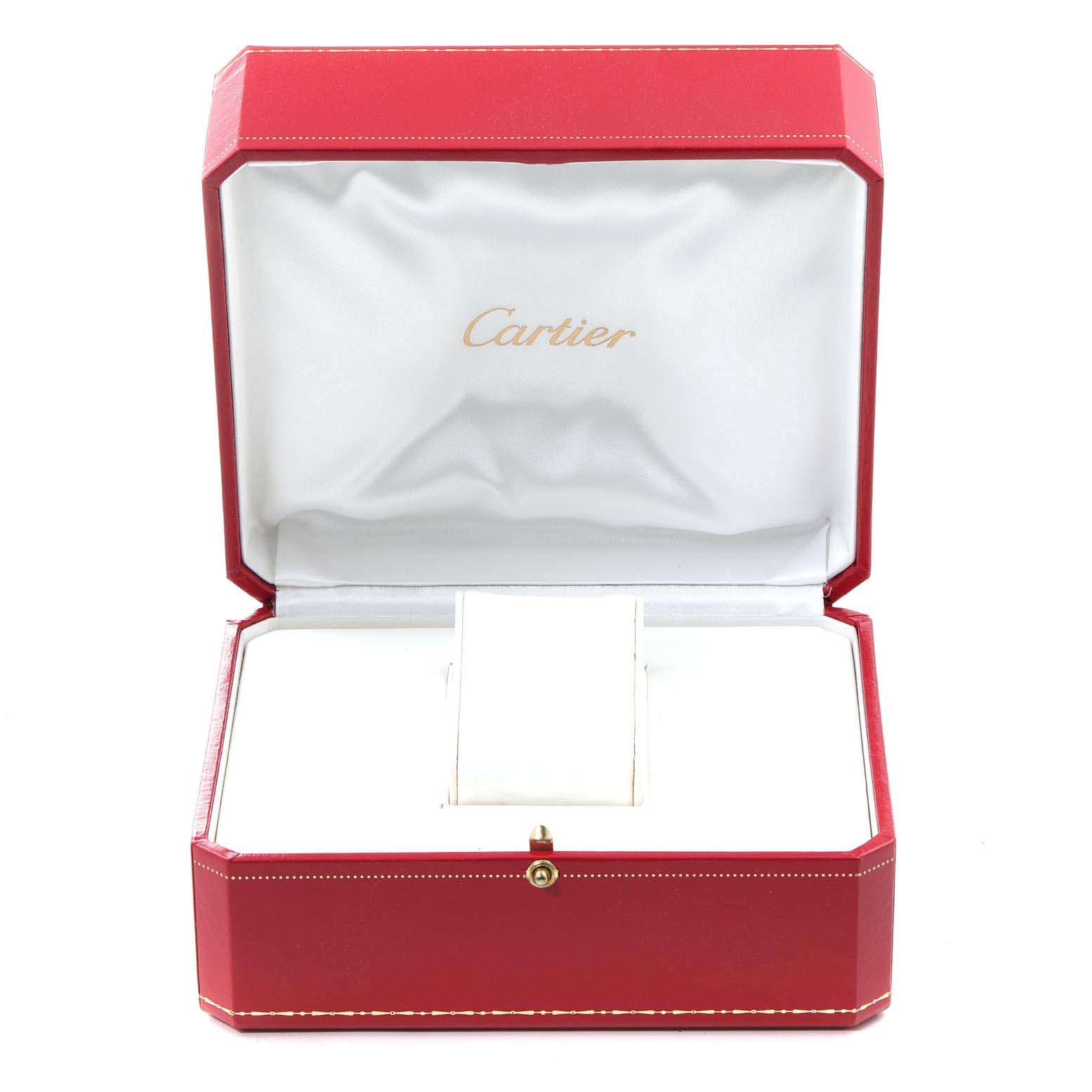 The image shows an open red Cartier box, likely for a Roadster model watch, with a white cushion inside.