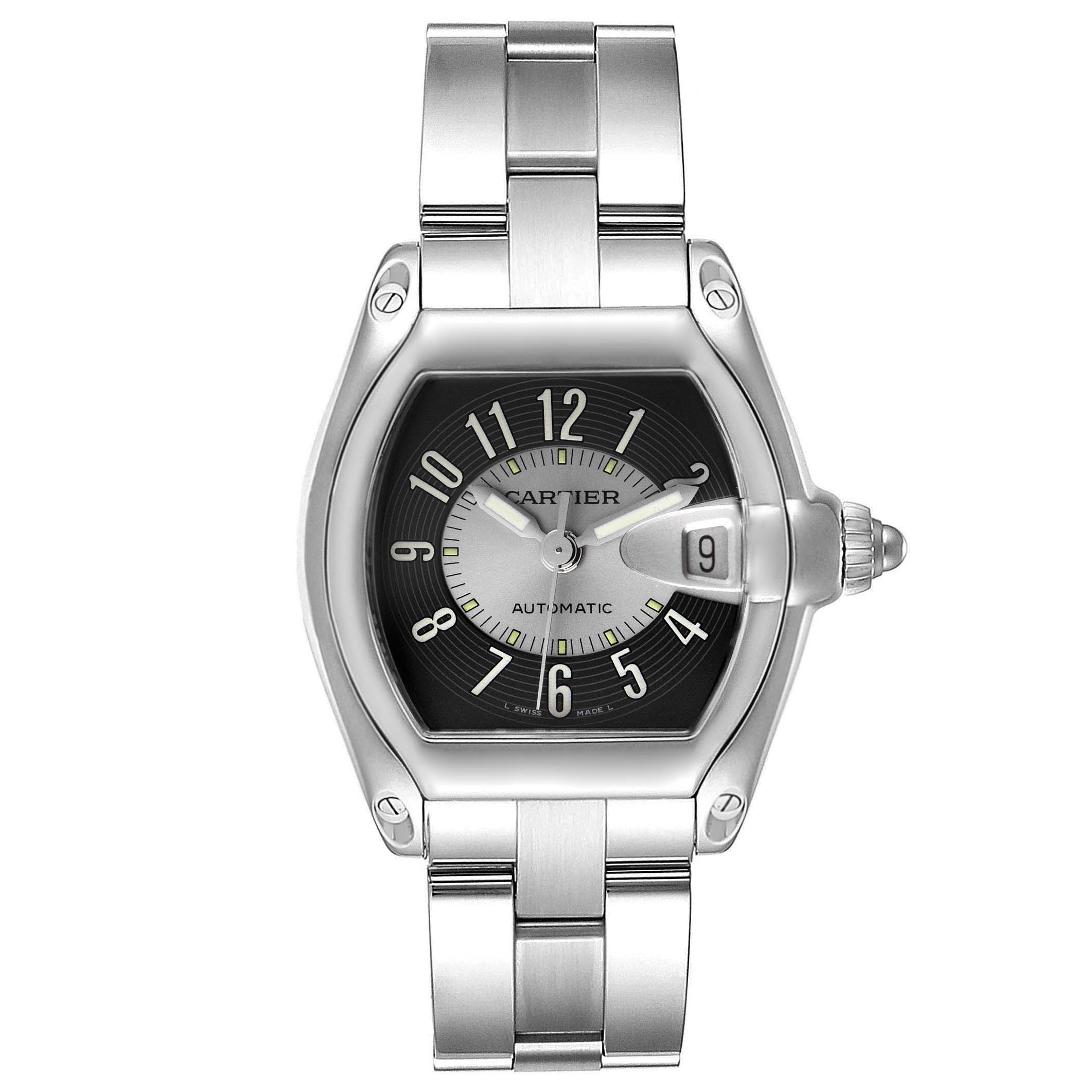 The image shows a frontal view of a Cartier Roadster W62001V3 Men's Stainless Steel Grey Dial W62001V3 Men's Stainless Steel Grey Dial watch, highlighting its face, bezel, and bracelet.
