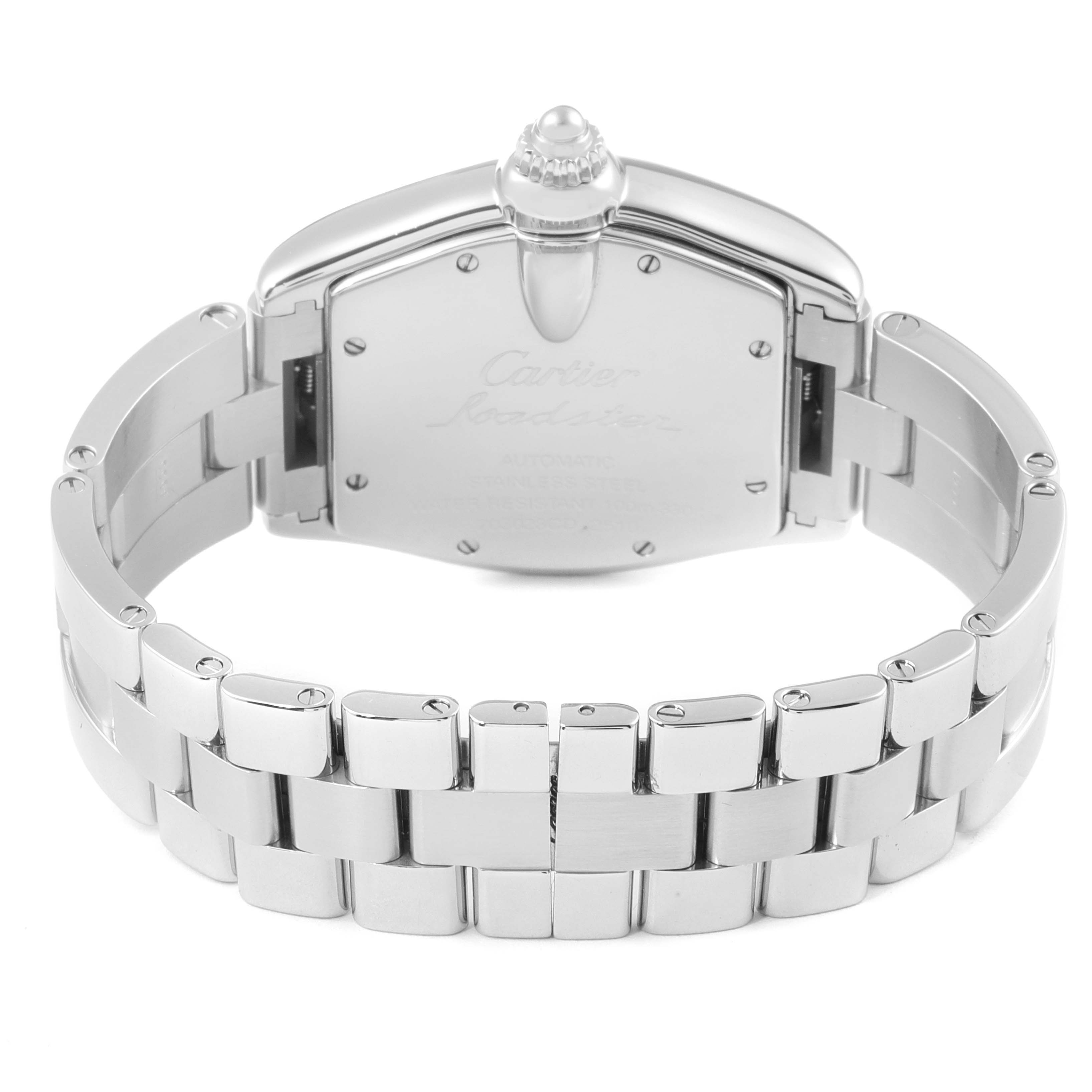 The image shows the back and bracelet of a Cartier Roadster W62001V3 Men's Stainless Steel Grey Dial W62001V3 Men's Stainless Steel Grey Dial watch, viewed from the rear.