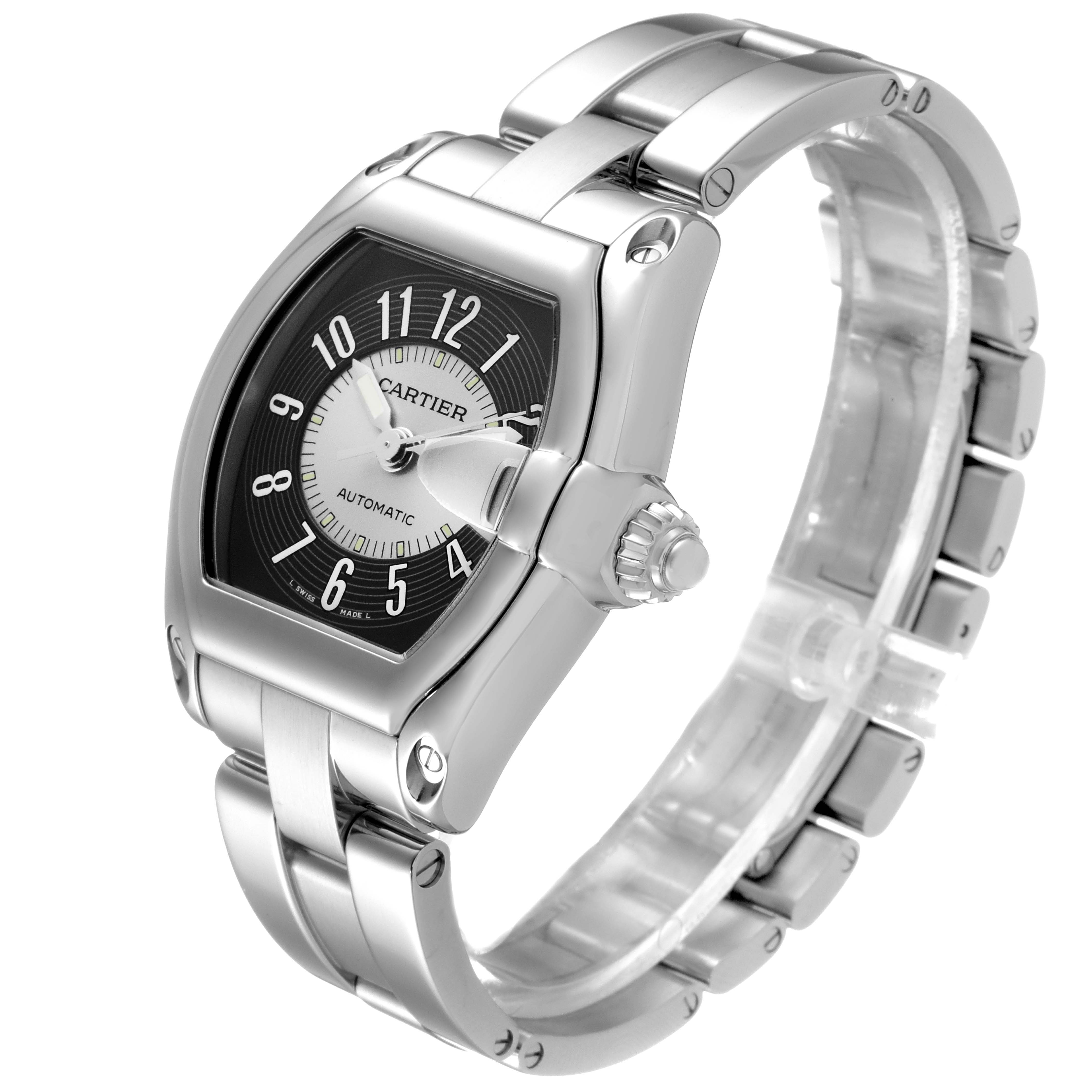 The image shows a Cartier Roadster W62001V3 Men's Stainless Steel Grey Dial W62001V3 Men's Stainless Steel Grey Dial watch from an angled side view, highlighting its face, bezel, crown, and bracelet.