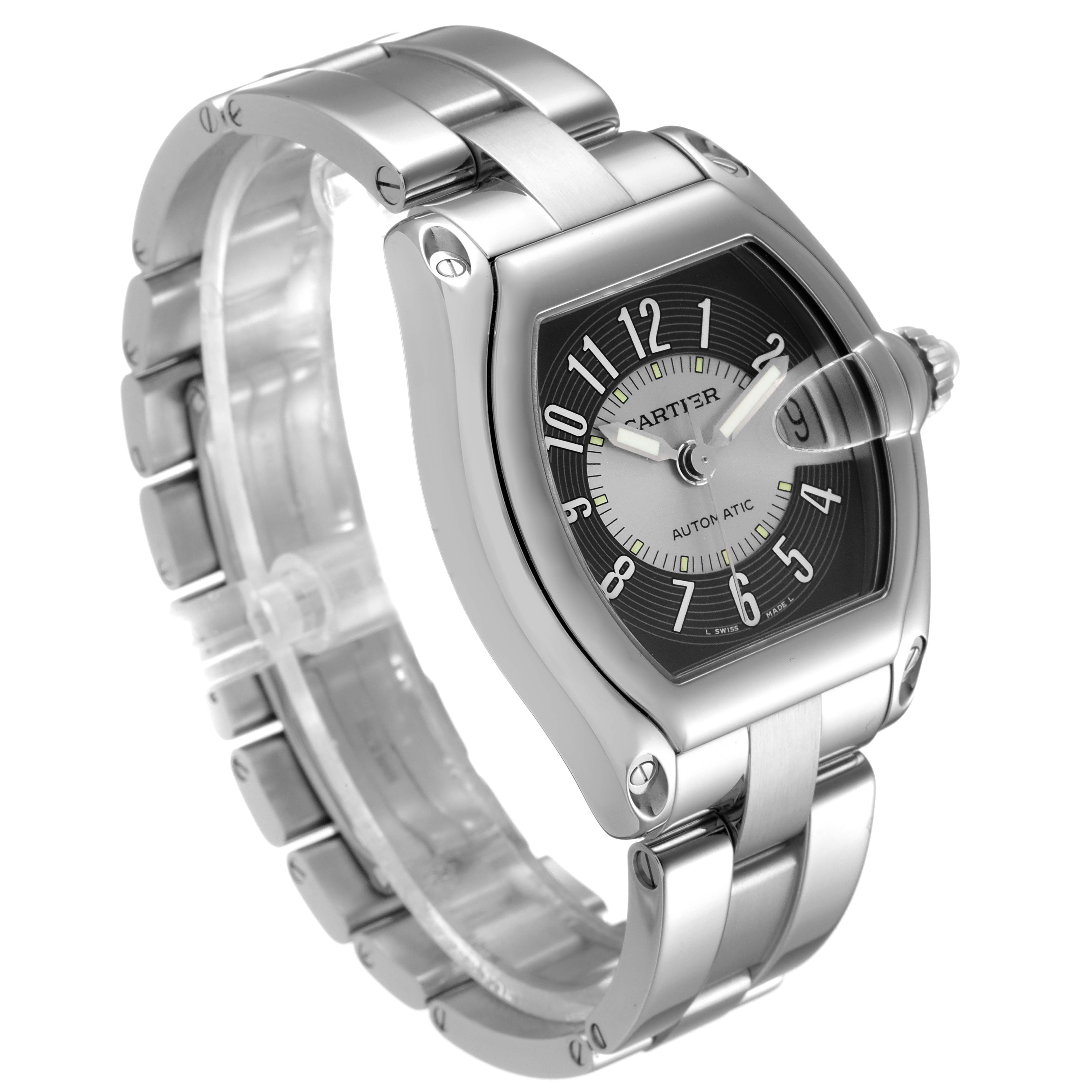 This image shows a Cartier Roadster W62001V3 Men's Stainless Steel Grey Dial W62001V3 Men's Stainless Steel Grey Dial watch at a three-quarter angle, highlighting its face, crown, and bracelet.