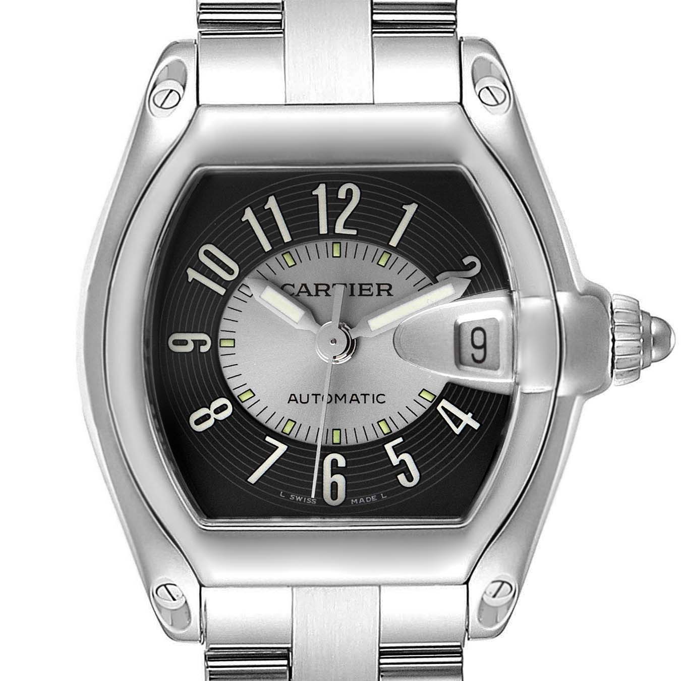 The image shows a front view of a Cartier Roadster W62001V3 Men's Stainless Steel Grey Dial W62001V3 Men's Stainless Steel Grey Dial watch, highlighting the dial, hands, date window, and part of the bracelet.