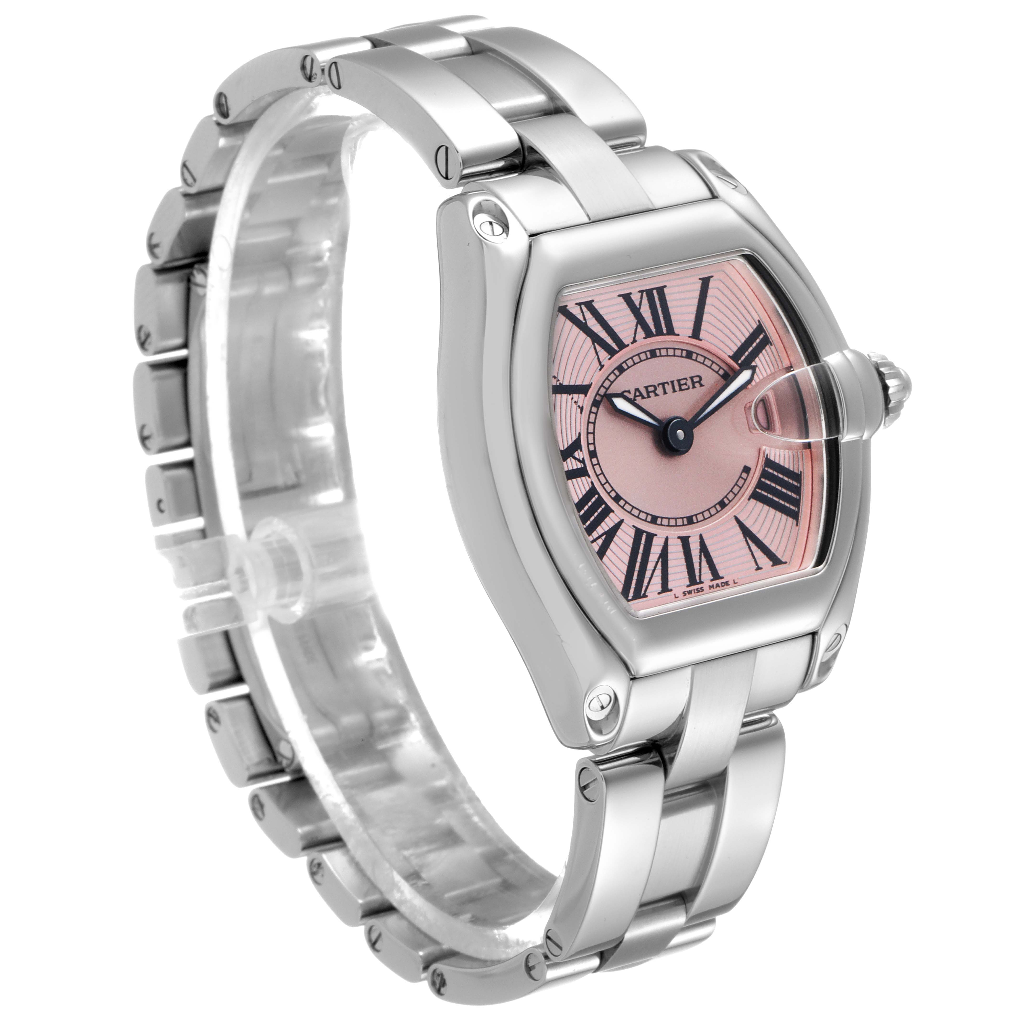The image shows a Cartier Roadster W62017V3 Women's Stainless Steel Pink Dial W62017V3 Women's Stainless Steel Pink Dial watch at a three-quarter angle, highlighting its face, bracelet, and crown.