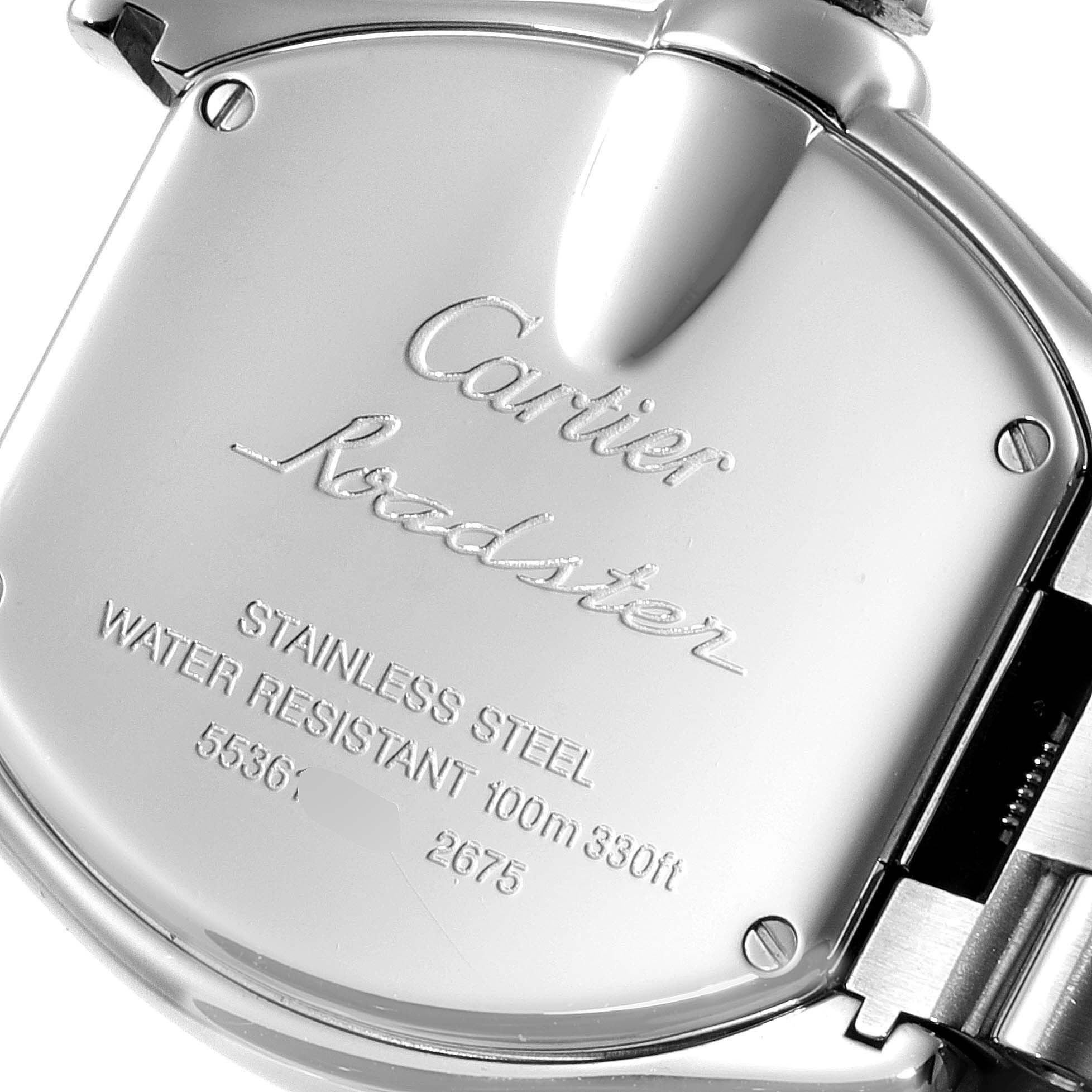 This image shows the back case of the Cartier Roadster W62017V3 Women's Stainless Steel Pink Dial W62017V3 Women's Stainless Steel Pink Dial watch, highlighting its engraved details and stainless steel material.