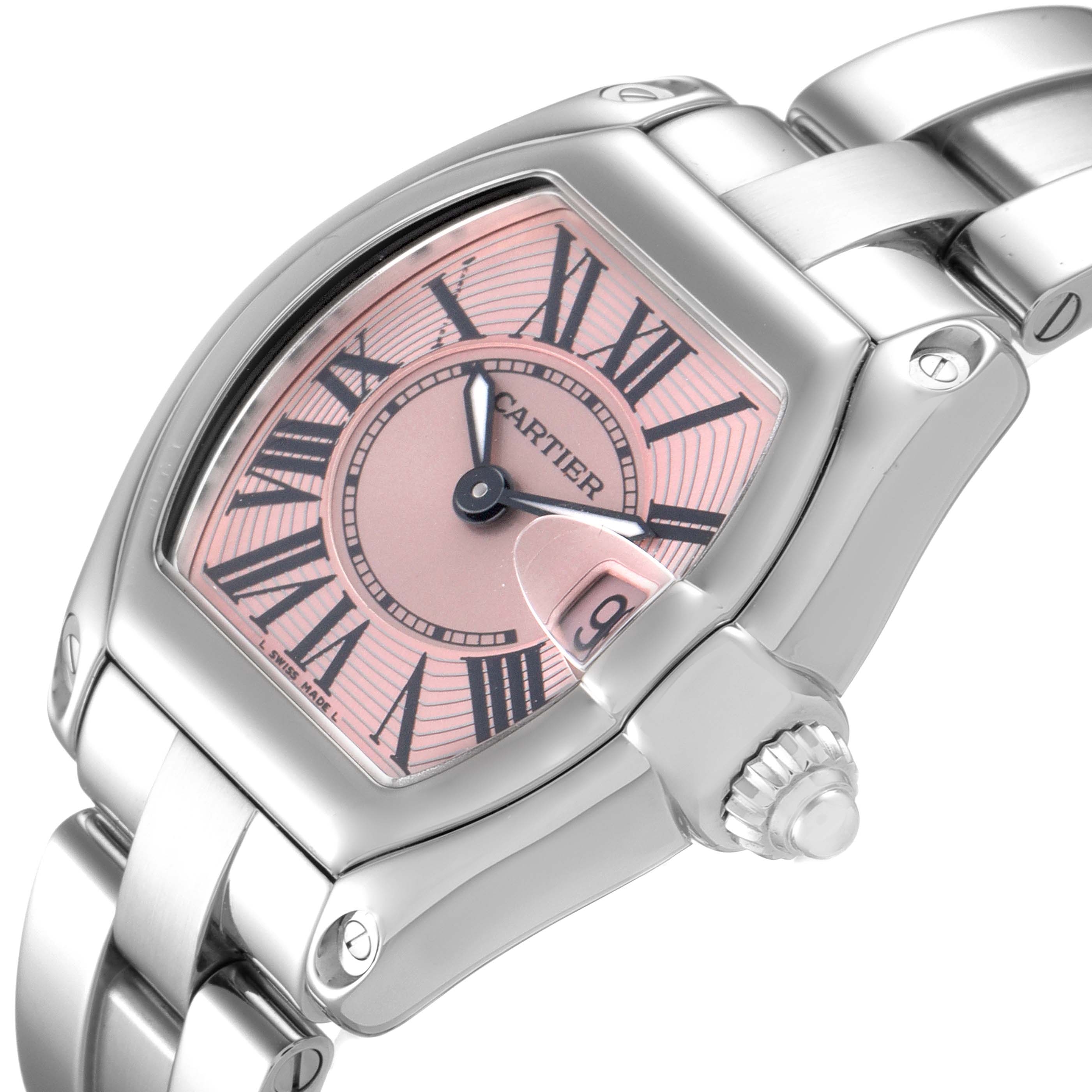 The Cartier Roadster W62017V3 Women's Stainless Steel Pink Dial W62017V3 Women's Stainless Steel Pink Dial watch is shown from a three-quarter angle, highlighting its dial, crown, and stainless steel bracelet.
