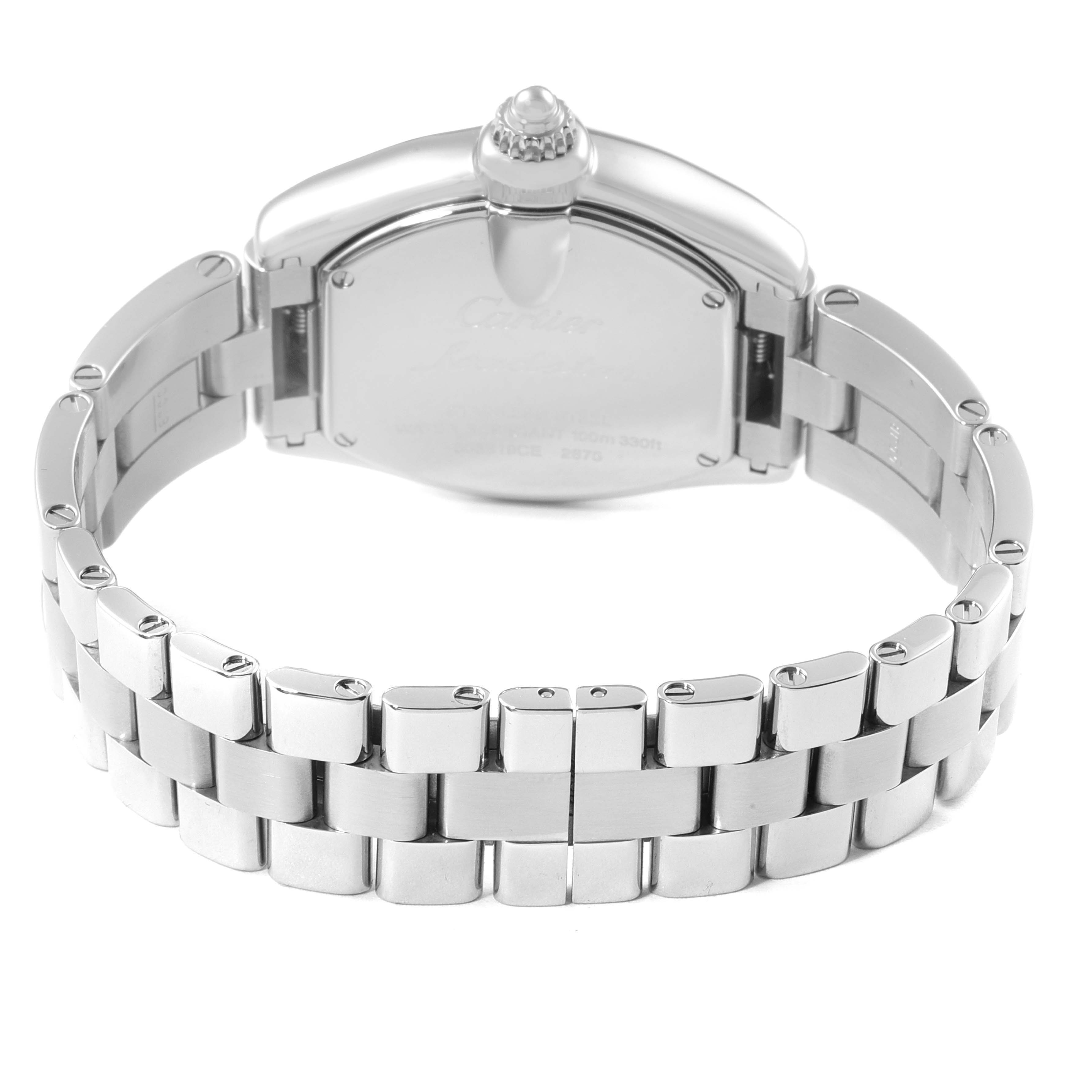 The image shows the back case and bracelet of the Cartier Roadster W62017V3 Women's Stainless Steel Pink Dial W62017V3 Women's Stainless Steel Pink Dial watch, viewed from the rear.