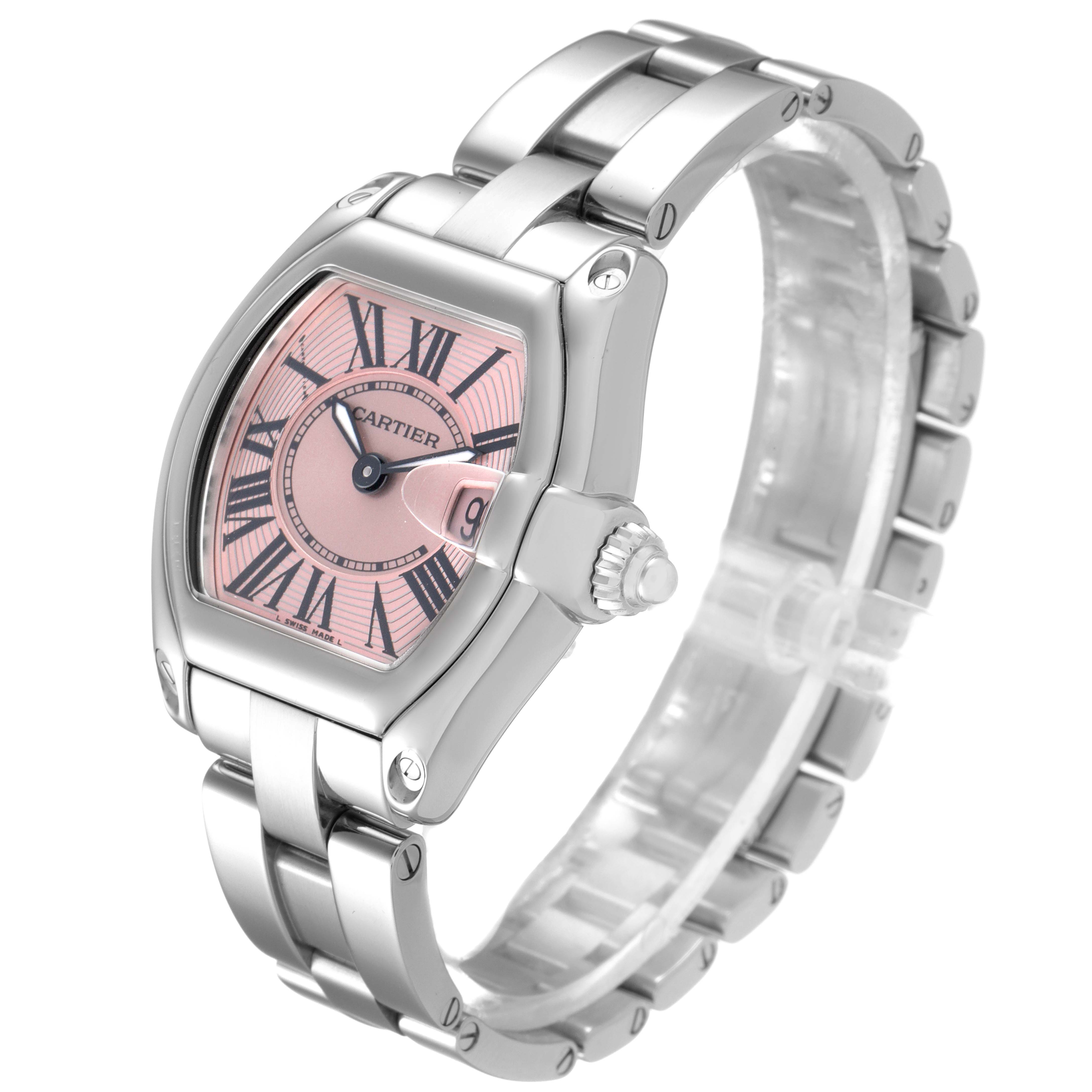 The Cartier Roadster W62017V3 Women's Stainless Steel Pink Dial W62017V3 Women's Stainless Steel Pink Dial watch is shown at an angle displaying the face, bracelet, crown, and links.