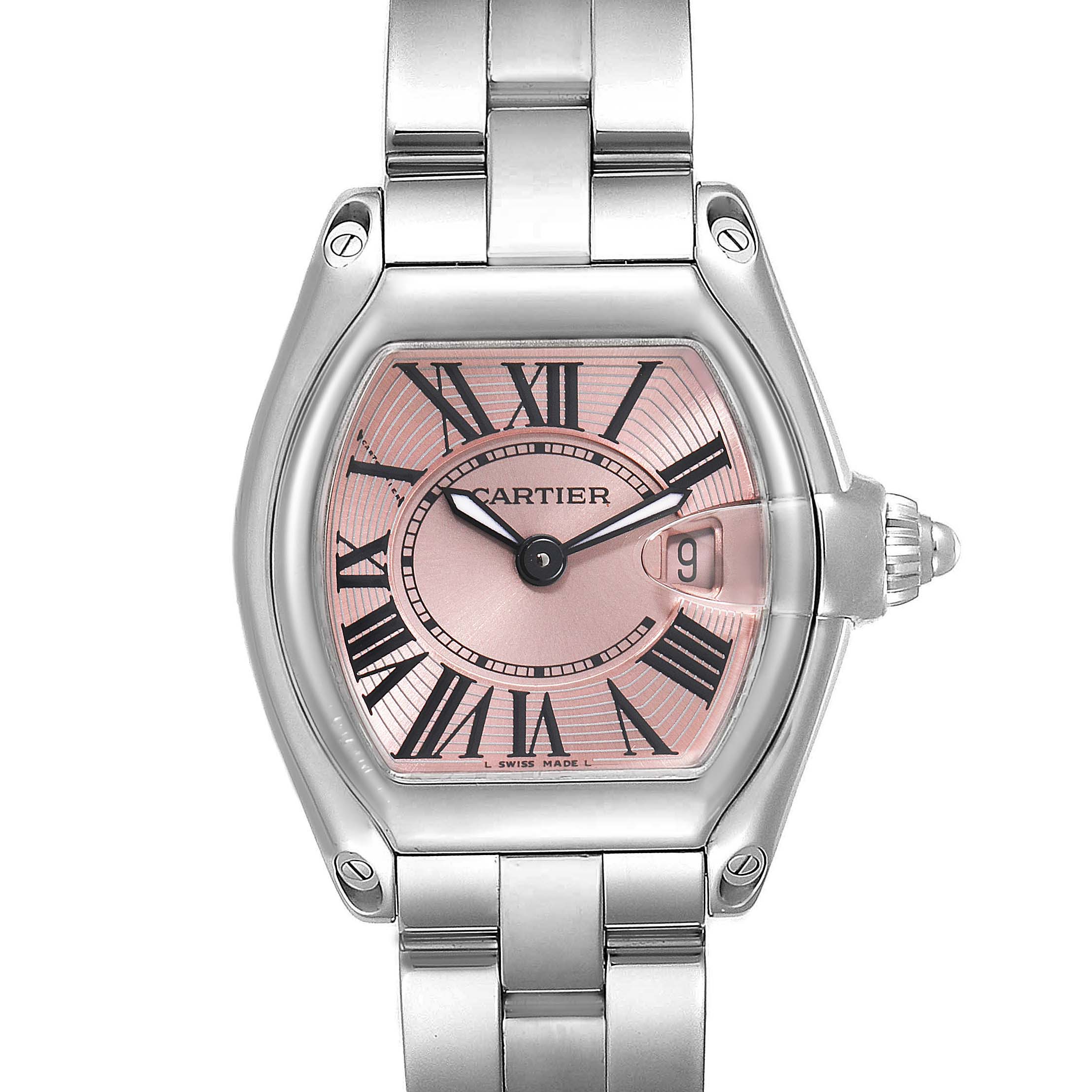 This Cartier Roadster W62017V3 Women's Stainless Steel Pink Dial W62017V3 Women's Stainless Steel Pink Dial watch is shown from a front angle, displaying its face, bezel, crown, and part of the bracelet.