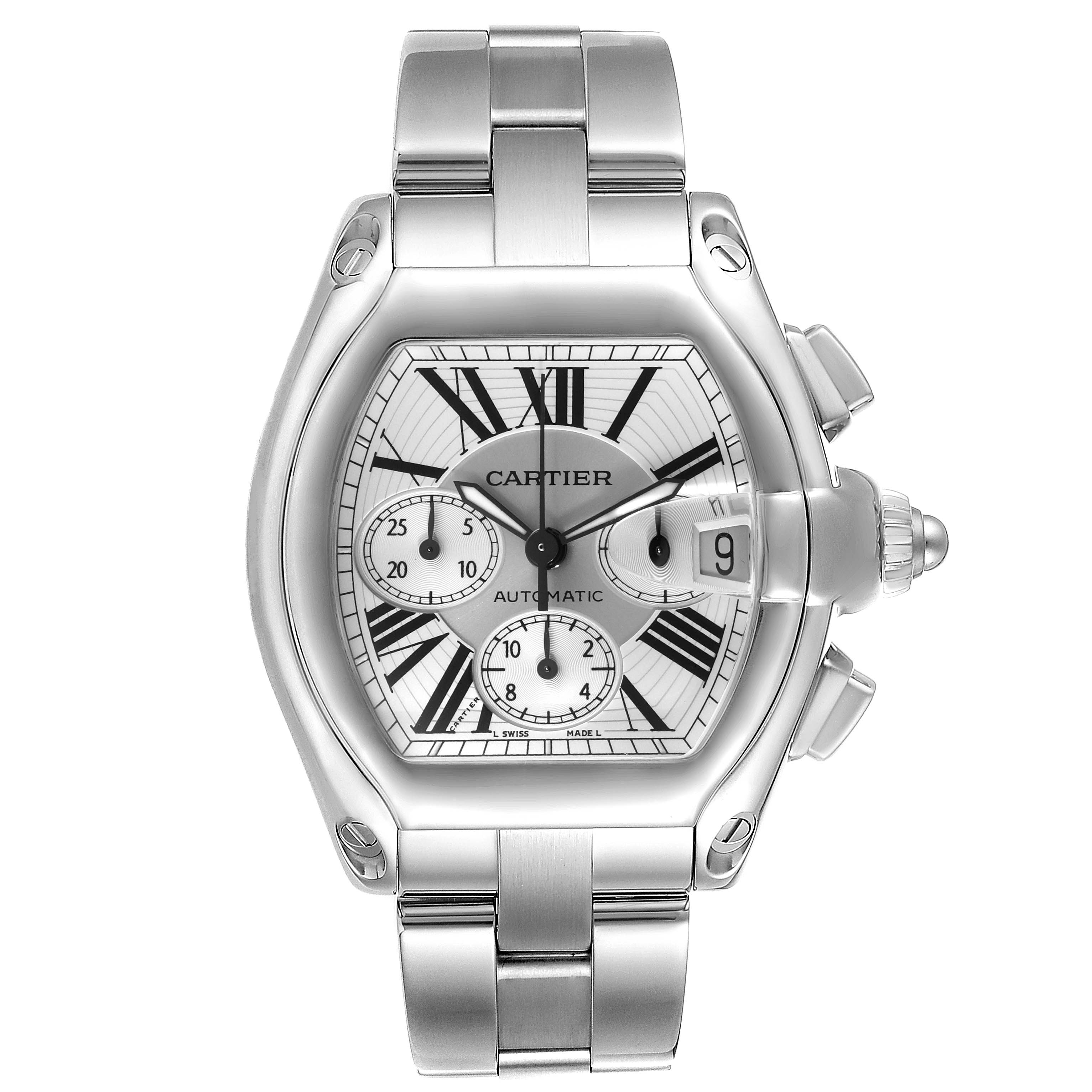 The image shows a front view of the Cartier Roadster W62019X6 Men
s Stainless Steel Silver Dial W62019X6 Men
s Stainless Steel Silver Dial watch, highlighting its dial, bracelet, and crown.