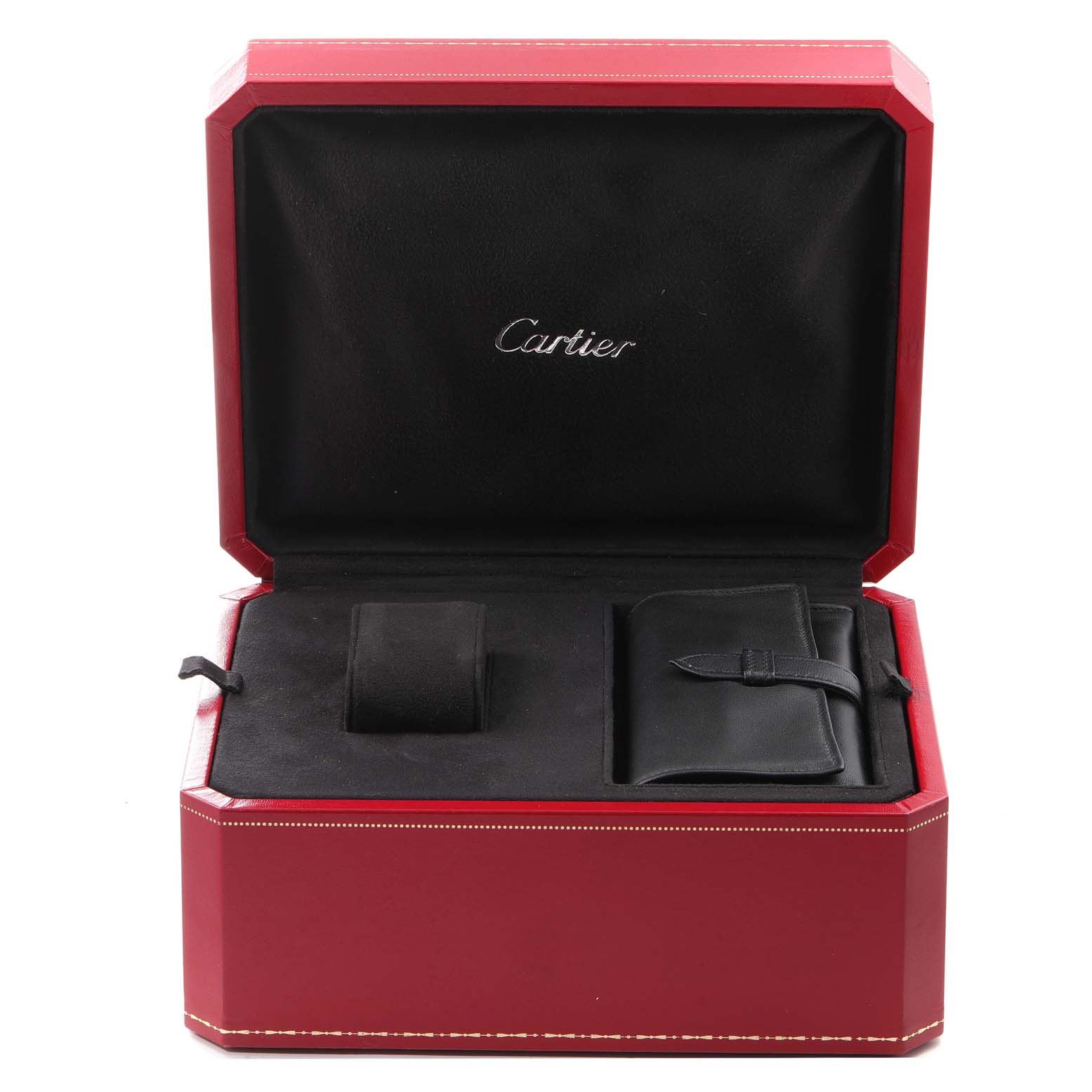 The image shows an open red Cartier box for the Roadster model, including a watch pillow and a leather pouch.