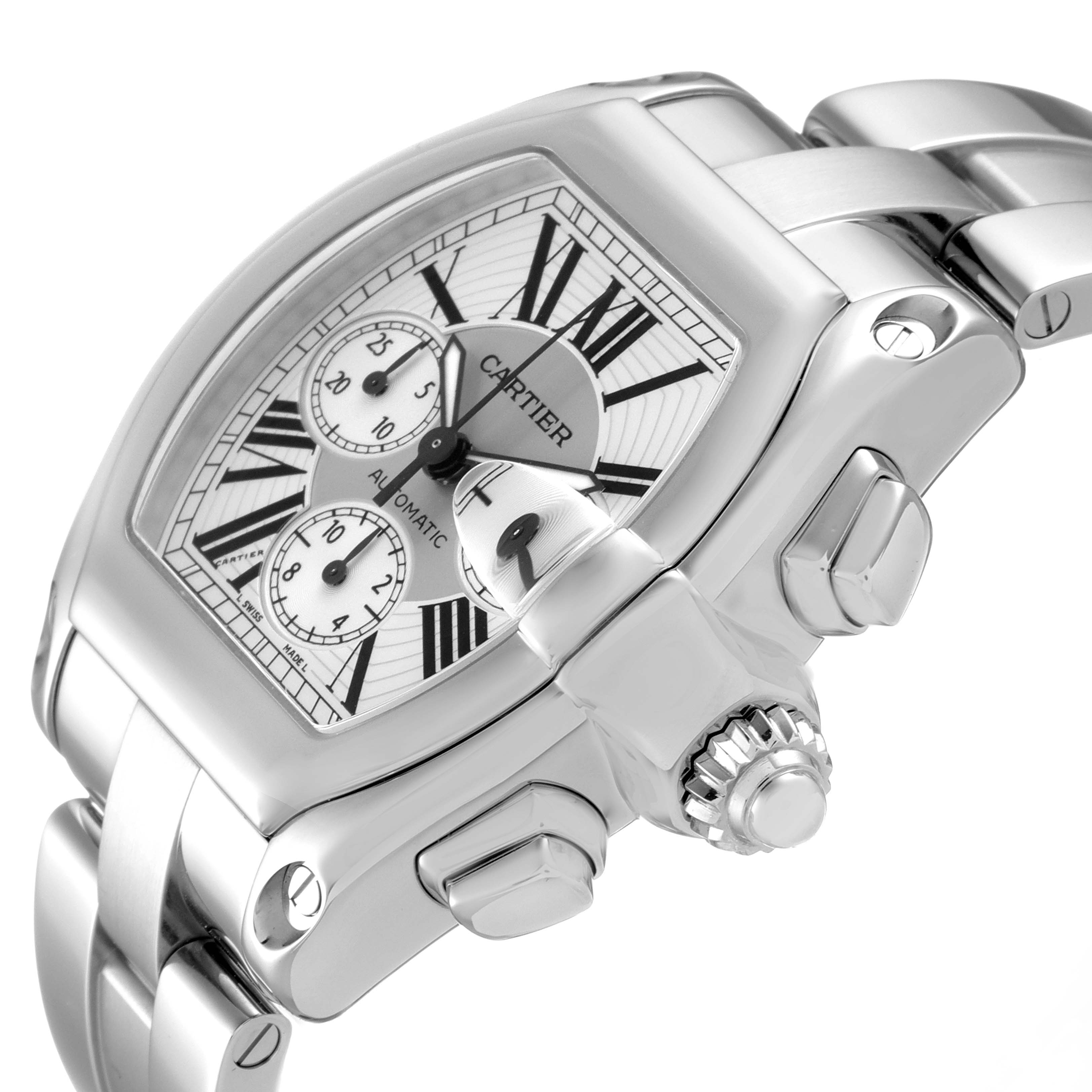 The image shows a Cartier Roadster W62019X6 Men
s Stainless Steel Silver Dial W62019X6 Men
s Stainless Steel Silver Dial watch at a tilted angle, highlighting the face, crown, and part of the metal bracelet.
