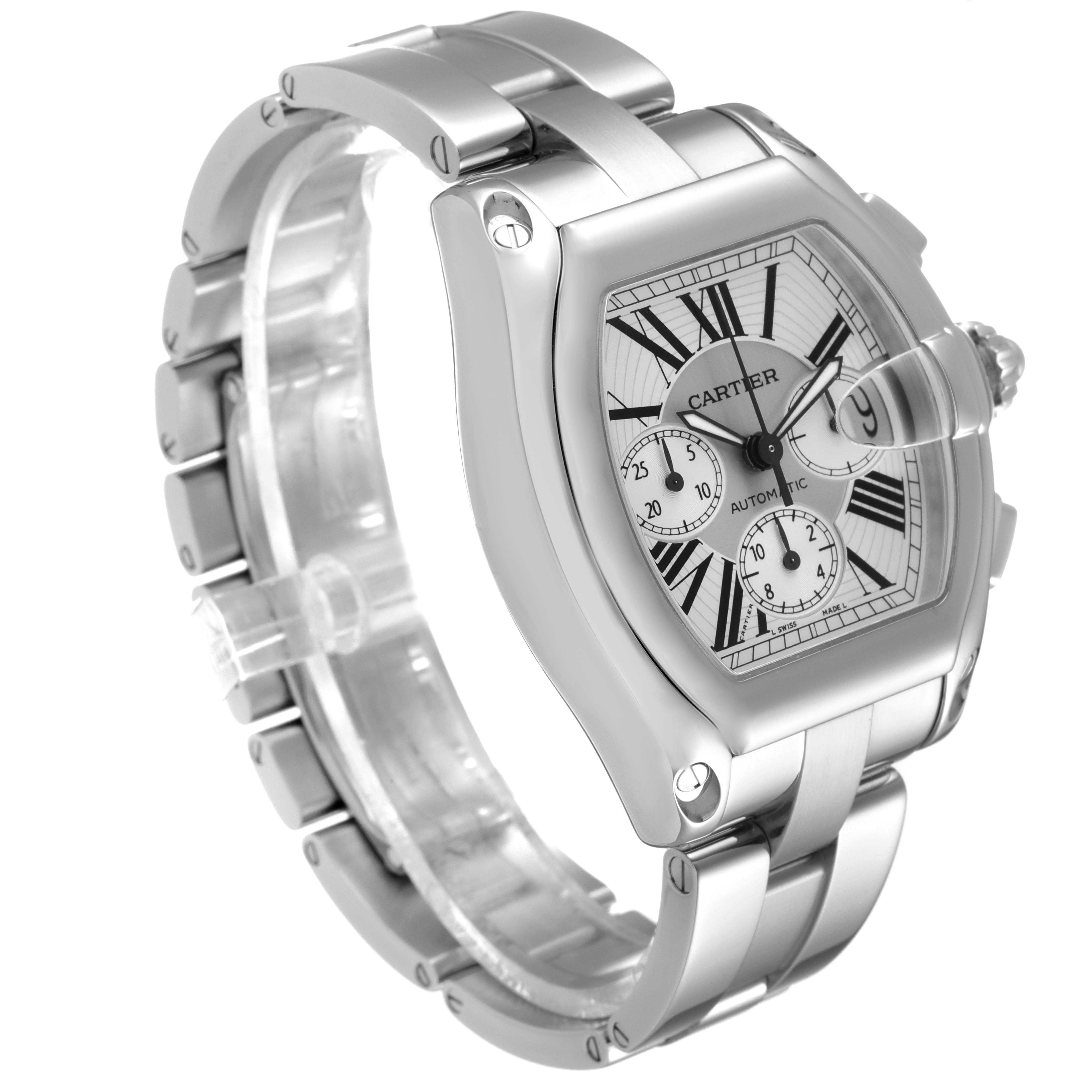 The Cartier Roadster W62019X6 Men
s Stainless Steel Silver Dial W62019X6 Men
s Stainless Steel Silver Dial watch is shown at an angled view, highlighting the dial, bracelet, and side profile.