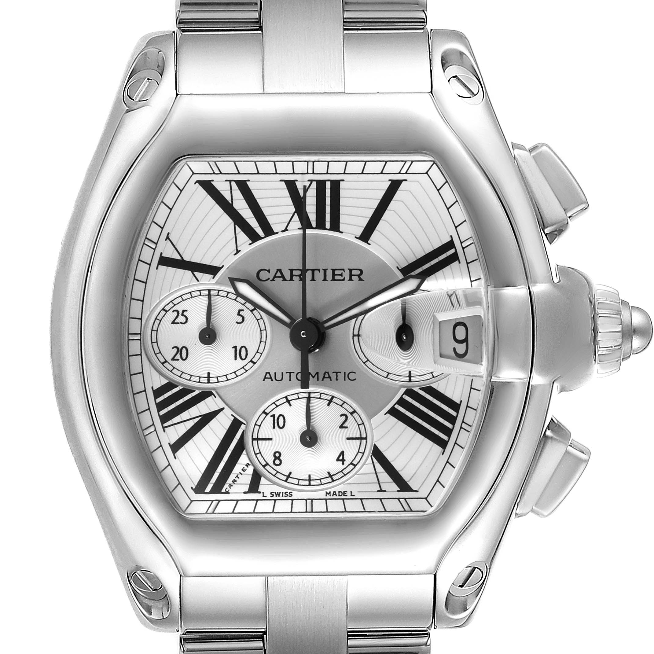 The image shows a front view of a Cartier Roadster W62019X6 Men
s Stainless Steel Silver Dial W62019X6 Men
s Stainless Steel Silver Dial watch, highlighting its face, crown, pushers, and part of the bracelet.