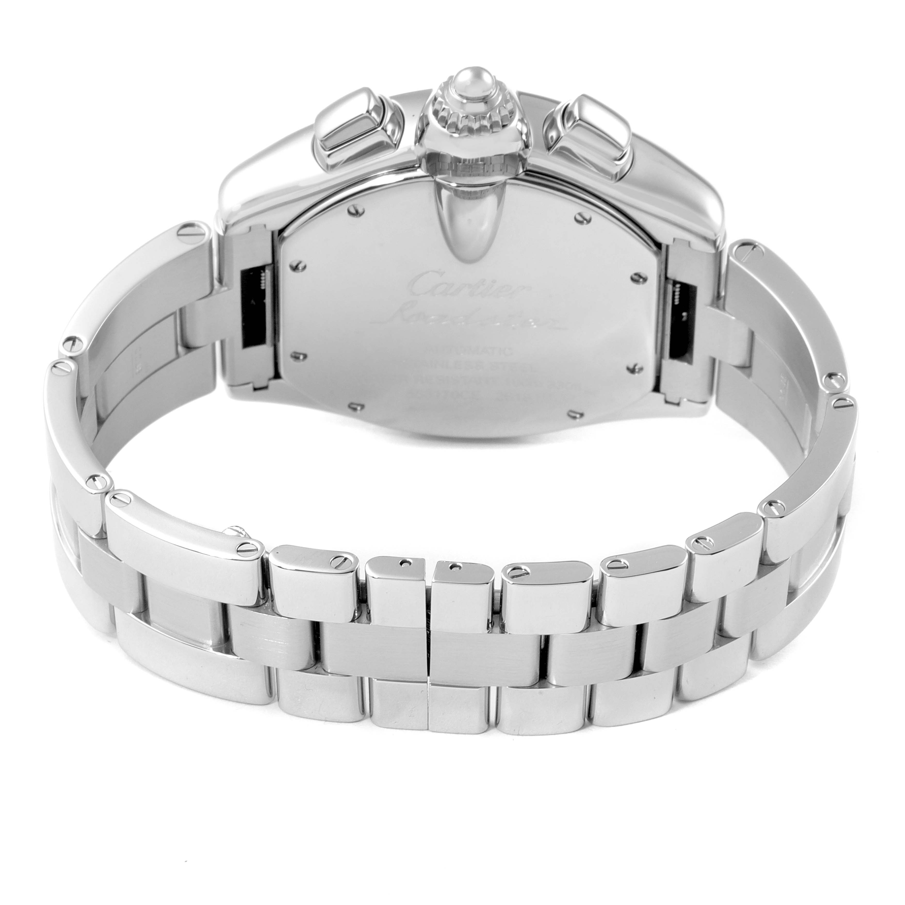 This image shows the back view of a Cartier Roadster W62019X6 Men
s Stainless Steel Silver Dial W62019X6 Men
s Stainless Steel Silver Dial watch, highlighting its stainless steel bracelet and clasp.