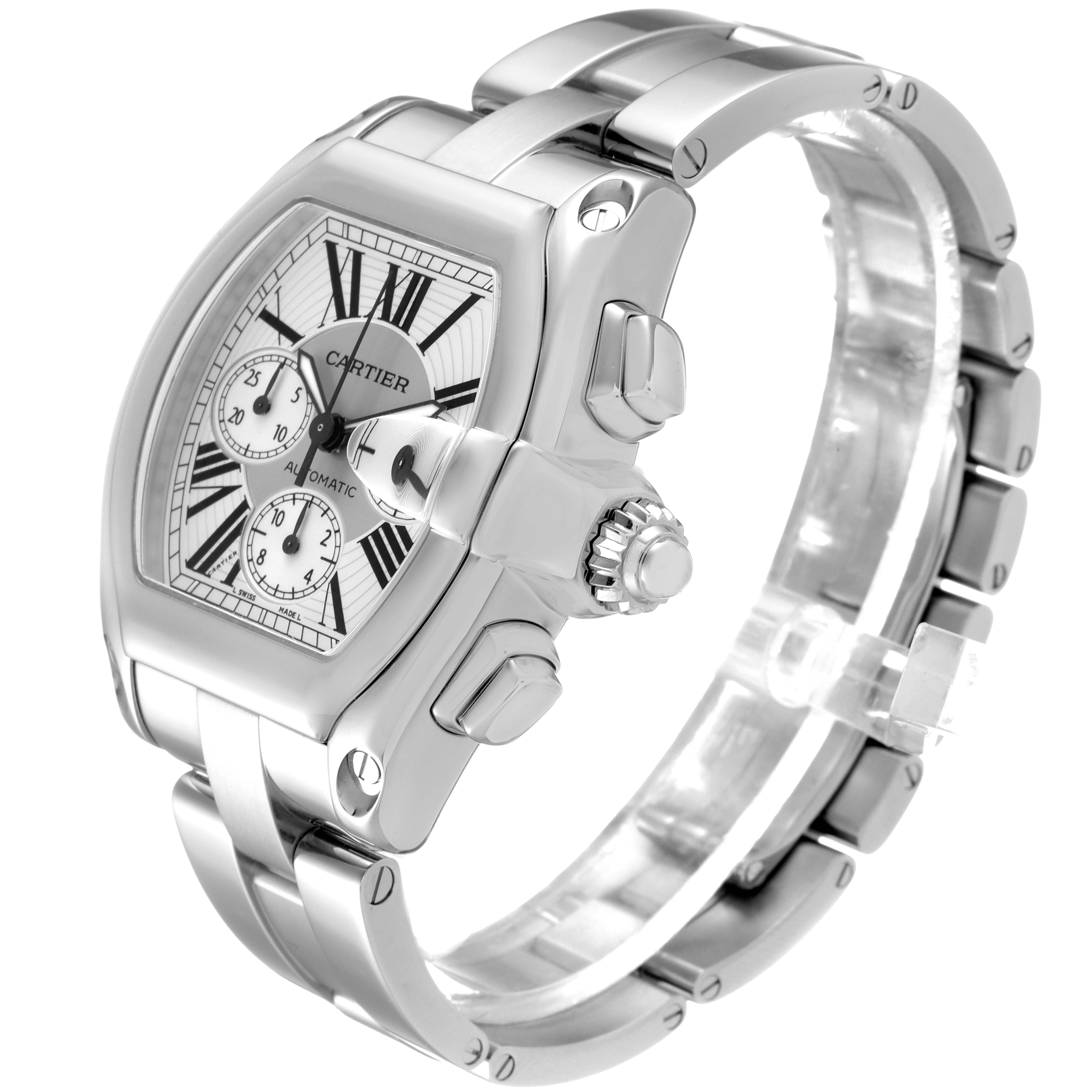 The Cartier Roadster W62019X6 Men
s Stainless Steel Silver Dial W62019X6 Men
s Stainless Steel Silver Dial watch is shown at a side angle, displaying the dial, crown, and silver bracelet.