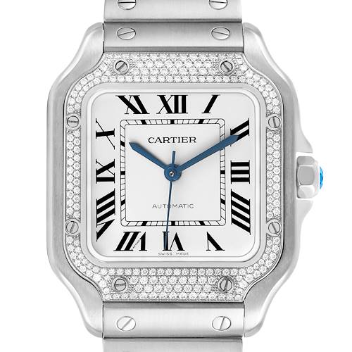 Photo of Cartier Santos Silver Dial Steel Diamond Mens Watch W4SA0005 Box Card