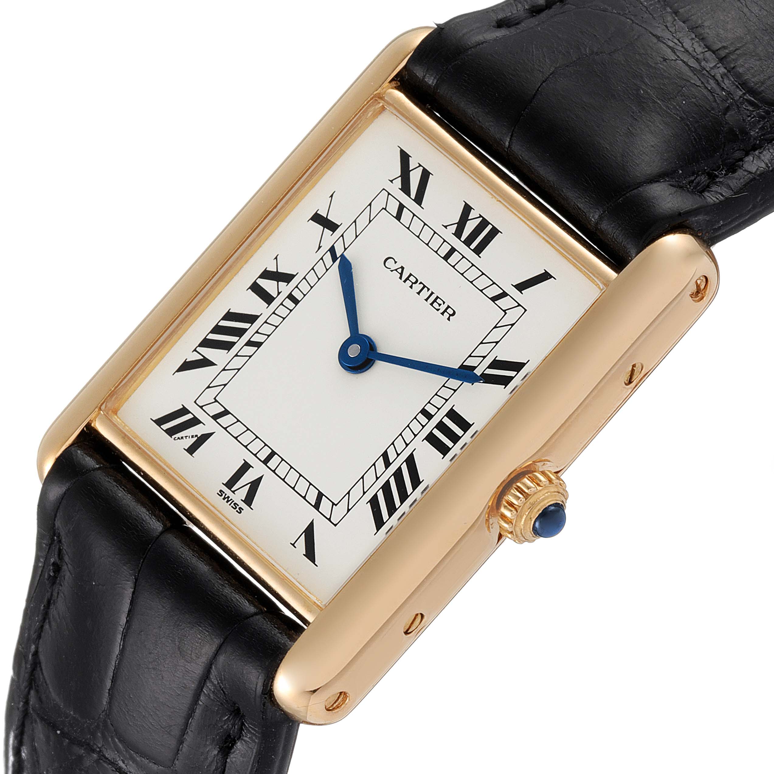 The Cartier Tank Classic Women's Yellow Gold White Dial Women's Yellow Gold White Dial watch is shown at an angled view, displaying its dial, case, crown, and leather strap.